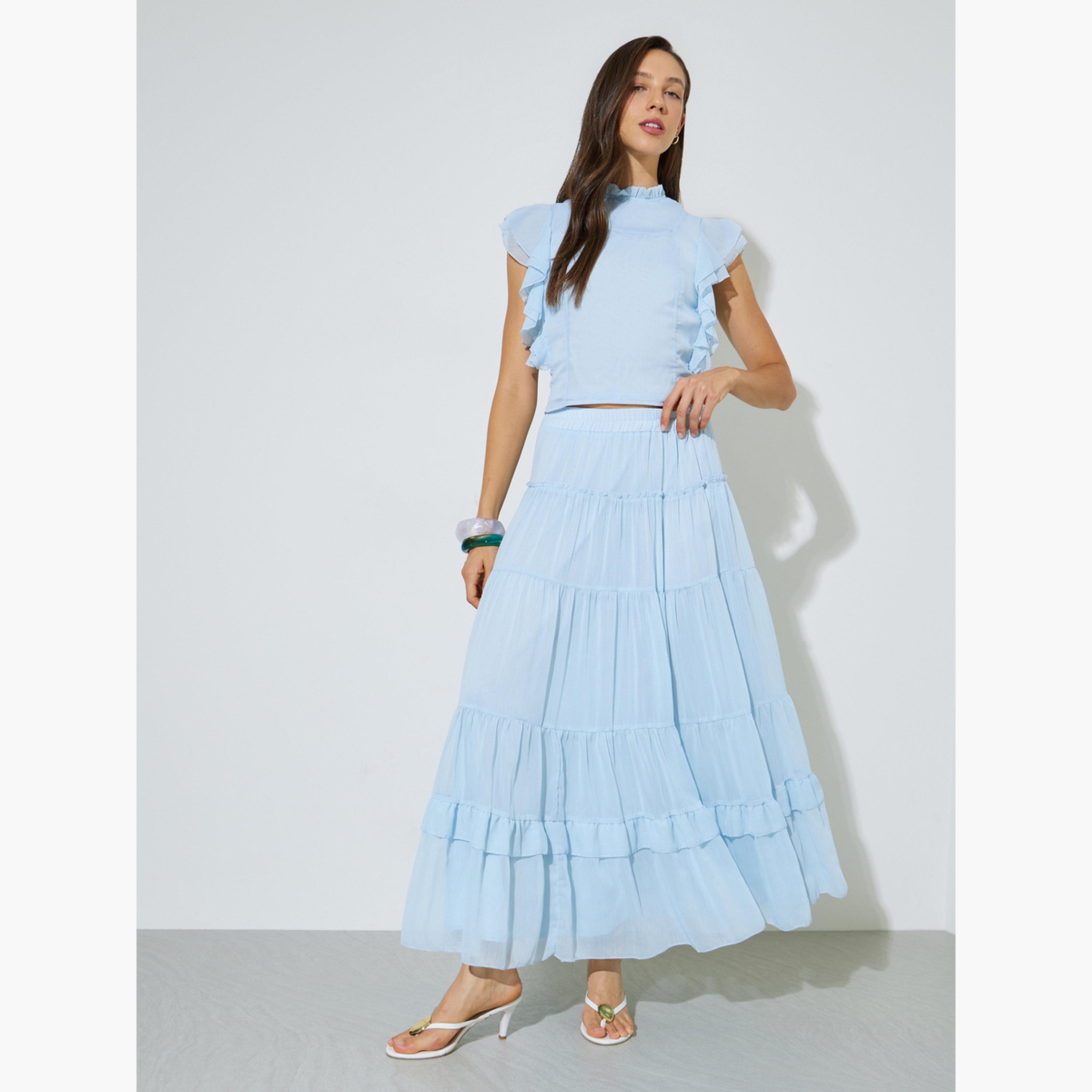 Styli Blue Ruffled Blouse and Tiered Maxi Skirt Co-ord Set-women-clothing-coordsets-image-1
