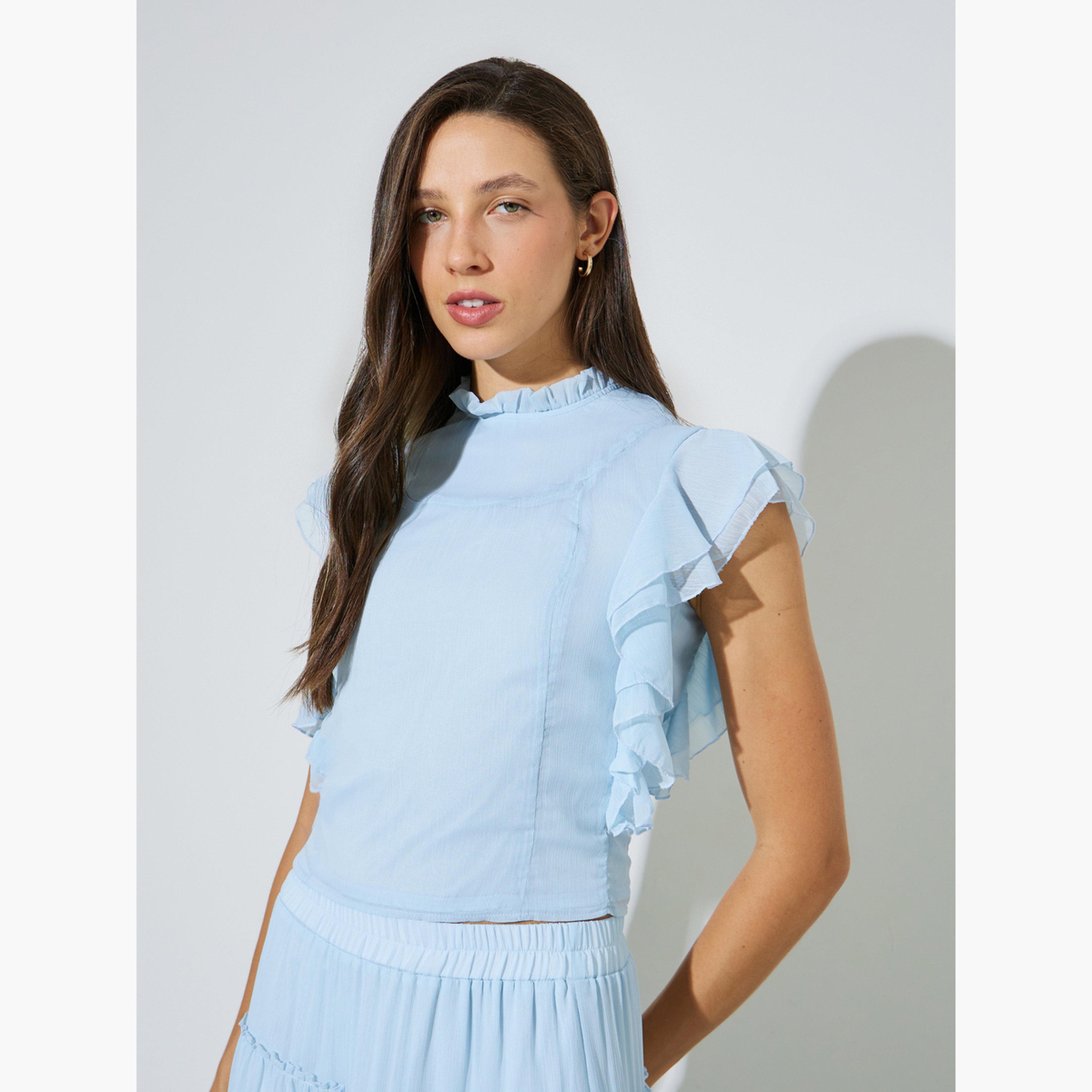 Styli Blue Ruffled Blouse and Tiered Maxi Skirt Co-ord Set-women-clothing-coordsets-image-2