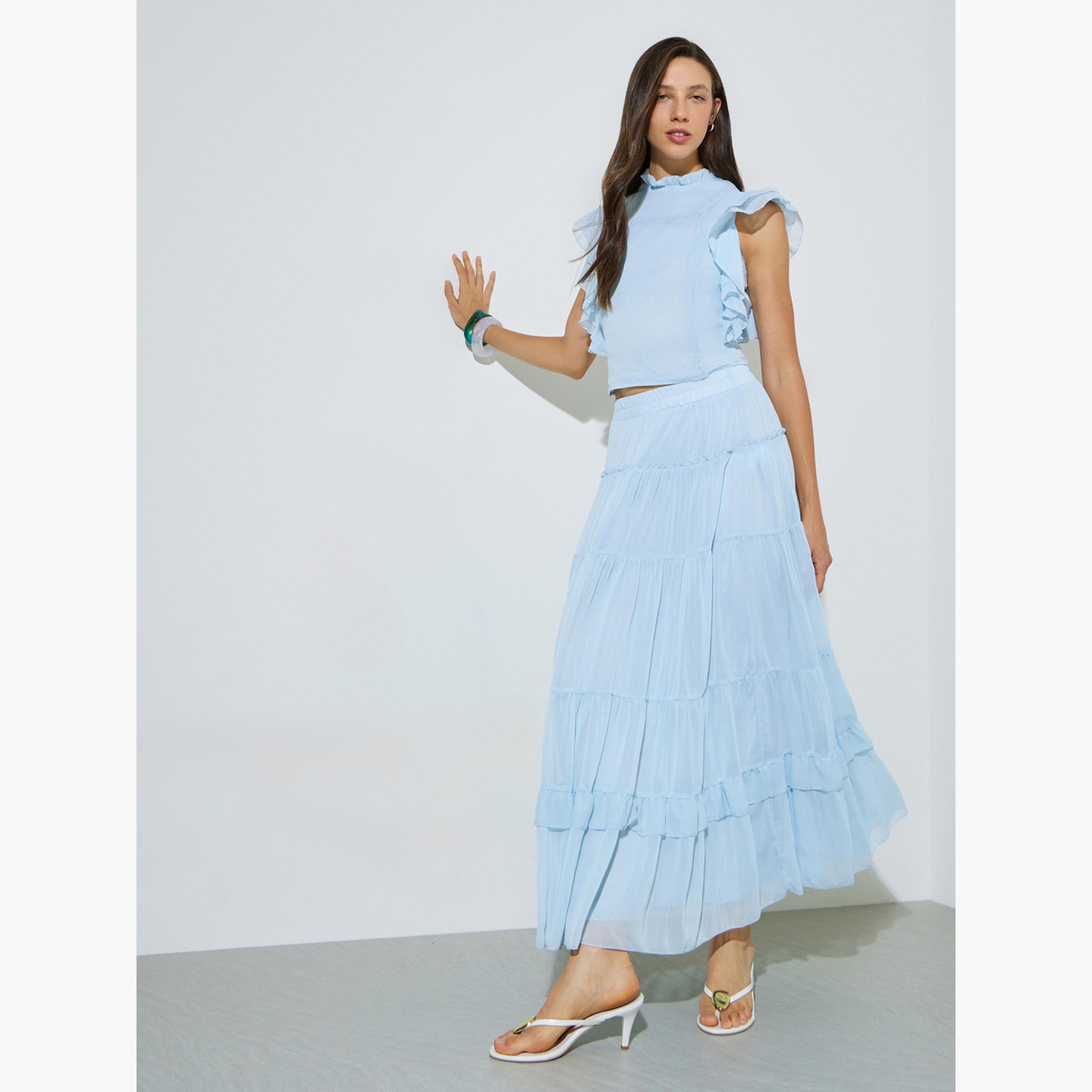 Styli Blue Ruffled Blouse and Tiered Maxi Skirt Co-ord Set-women-clothing-coordsets-image-3
