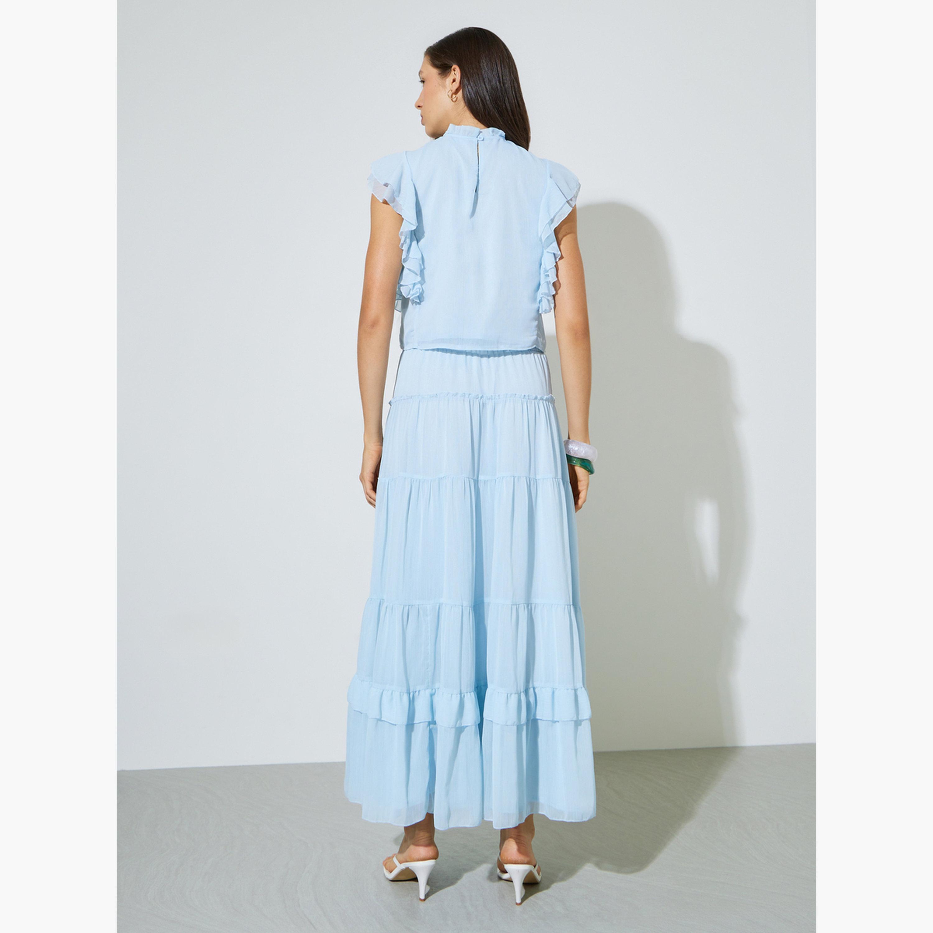 Styli Blue Ruffled Blouse and Tiered Maxi Skirt Co-ord Set-women-clothing-coordsets-image-4