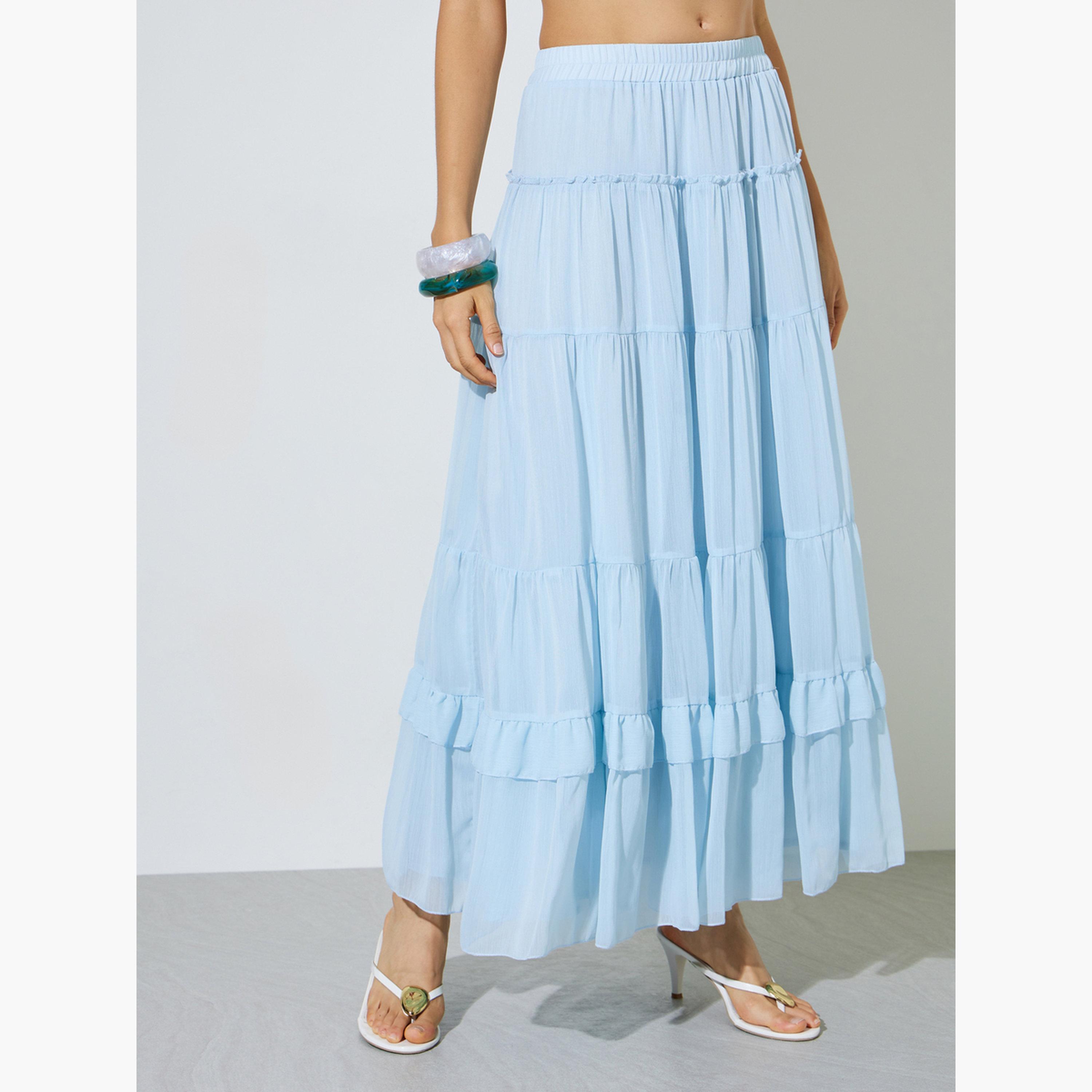 Styli Blue Ruffled Blouse and Tiered Maxi Skirt Co-ord Set-women-clothing-coordsets-image-5