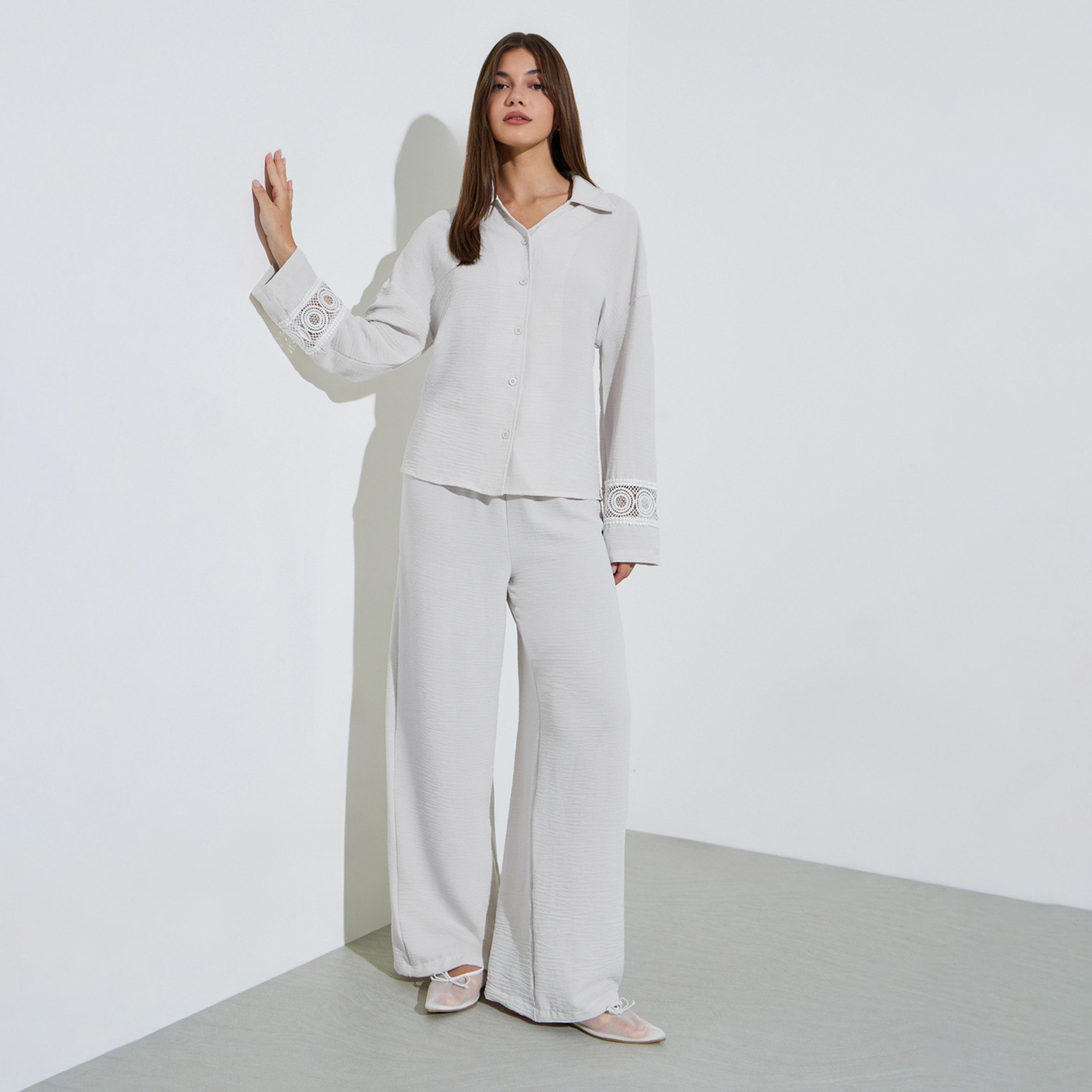 قميص بأكمام طويلة وأساور مزينة بالدانتيل من ستايلي وبنطال واسع الساقين-women-clothing-coordsets-image-1