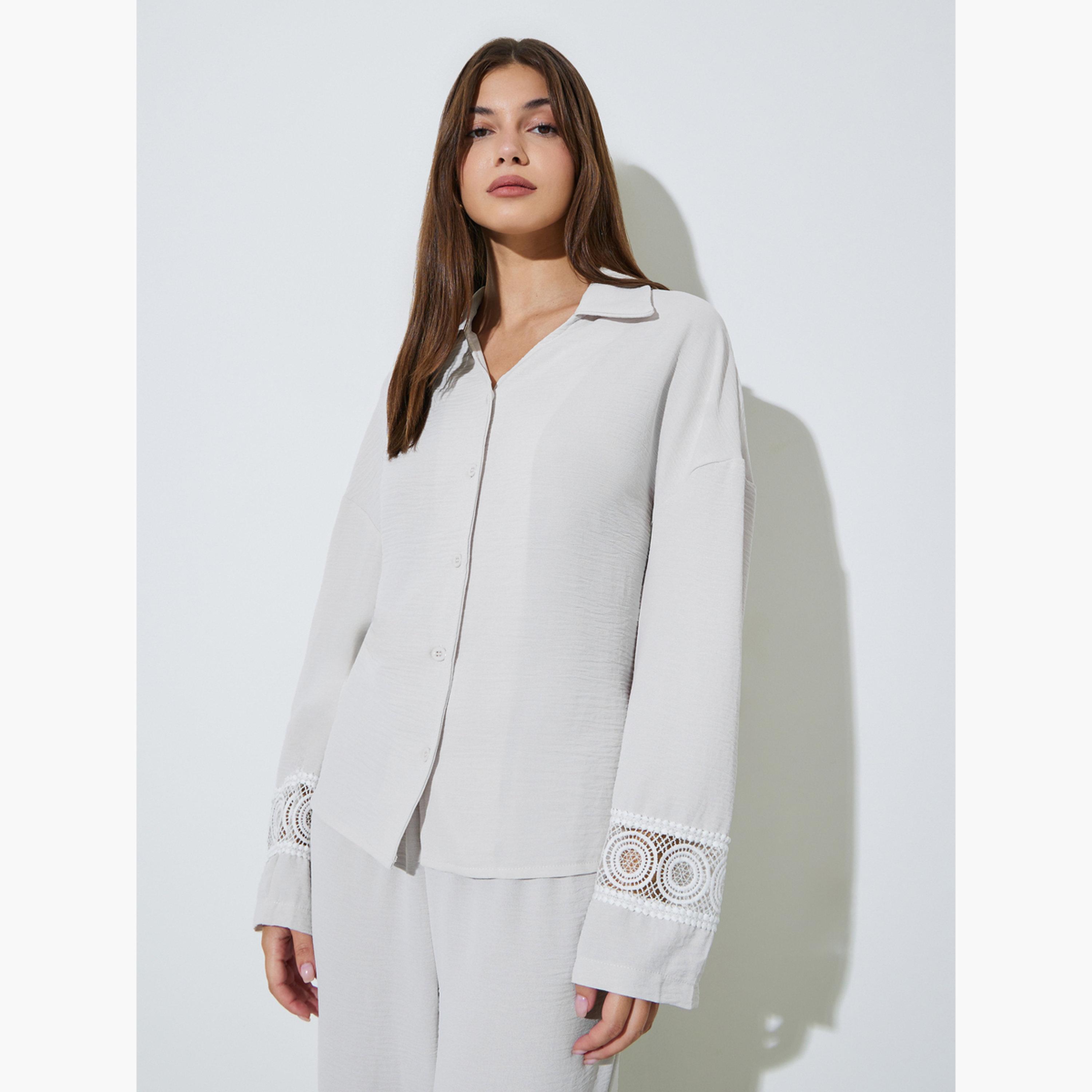 قميص بأكمام طويلة وأساور مزينة بالدانتيل من ستايلي وبنطال واسع الساقين-women-clothing-coordsets-image-2