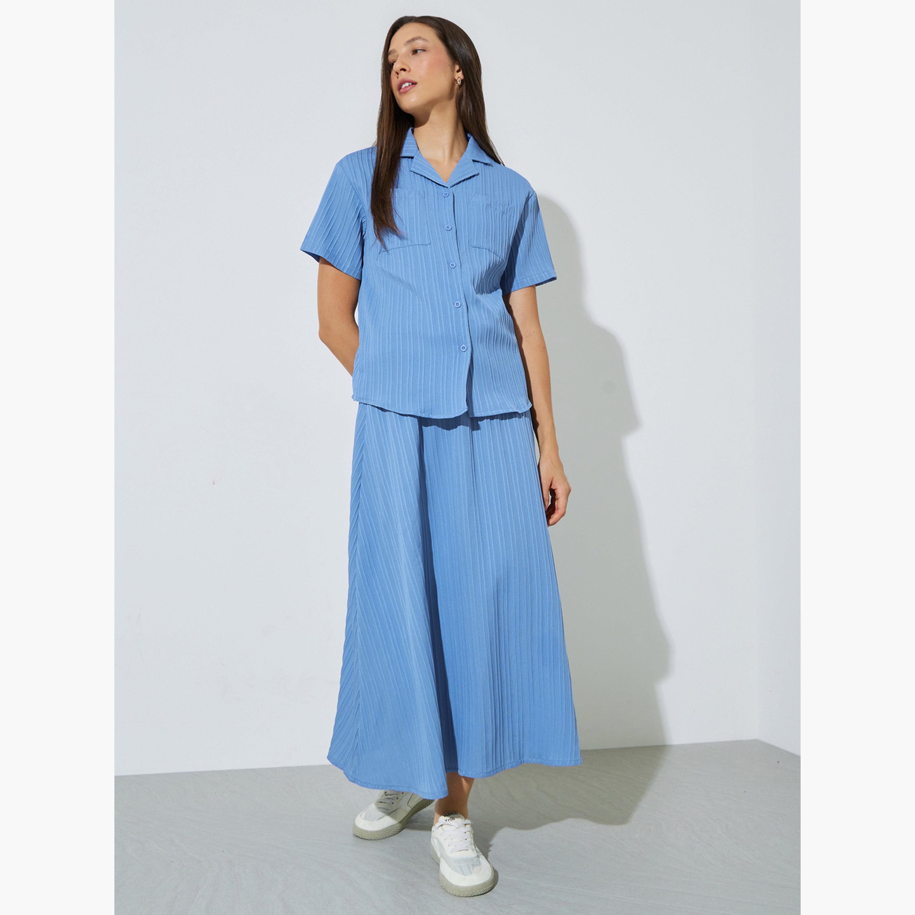 Styli Blue Textured Shirt and Skirt Co-ord Set-women-clothing-coordsets-image-1