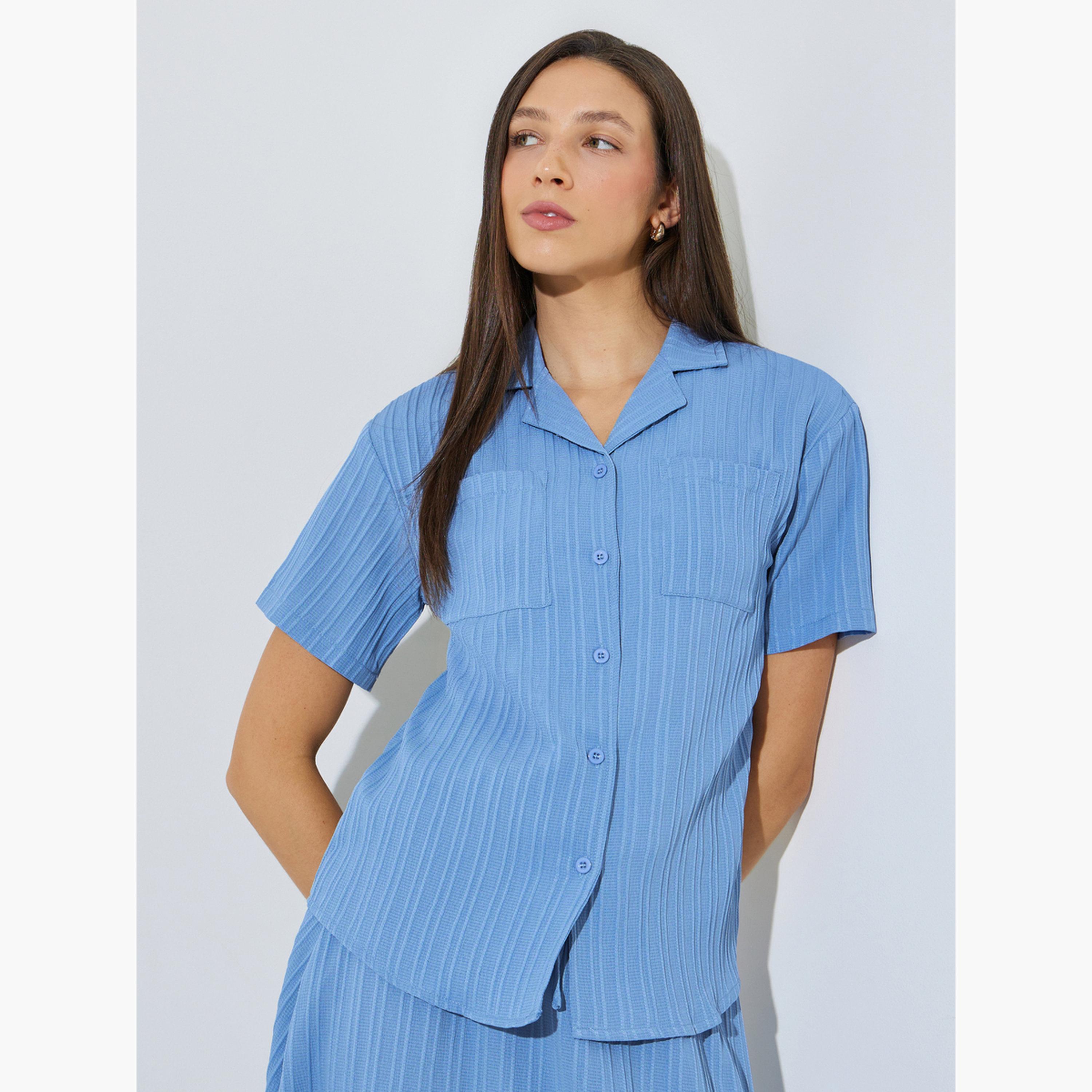 Styli Blue Textured Shirt and Skirt Co-ord Set-women-clothing-coordsets-image-2