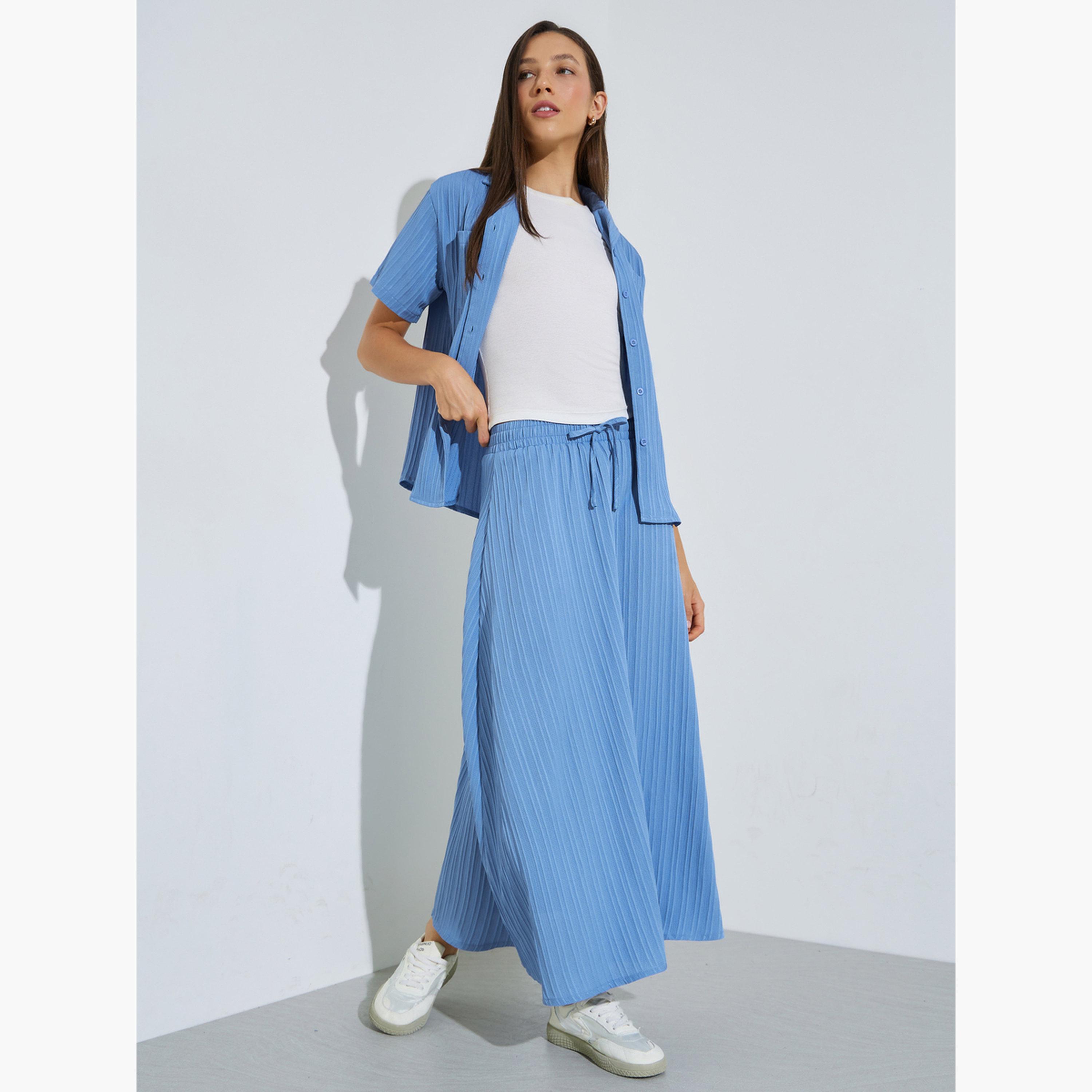 Styli Blue Textured Shirt and Skirt Co-ord Set-women-clothing-coordsets-image-3