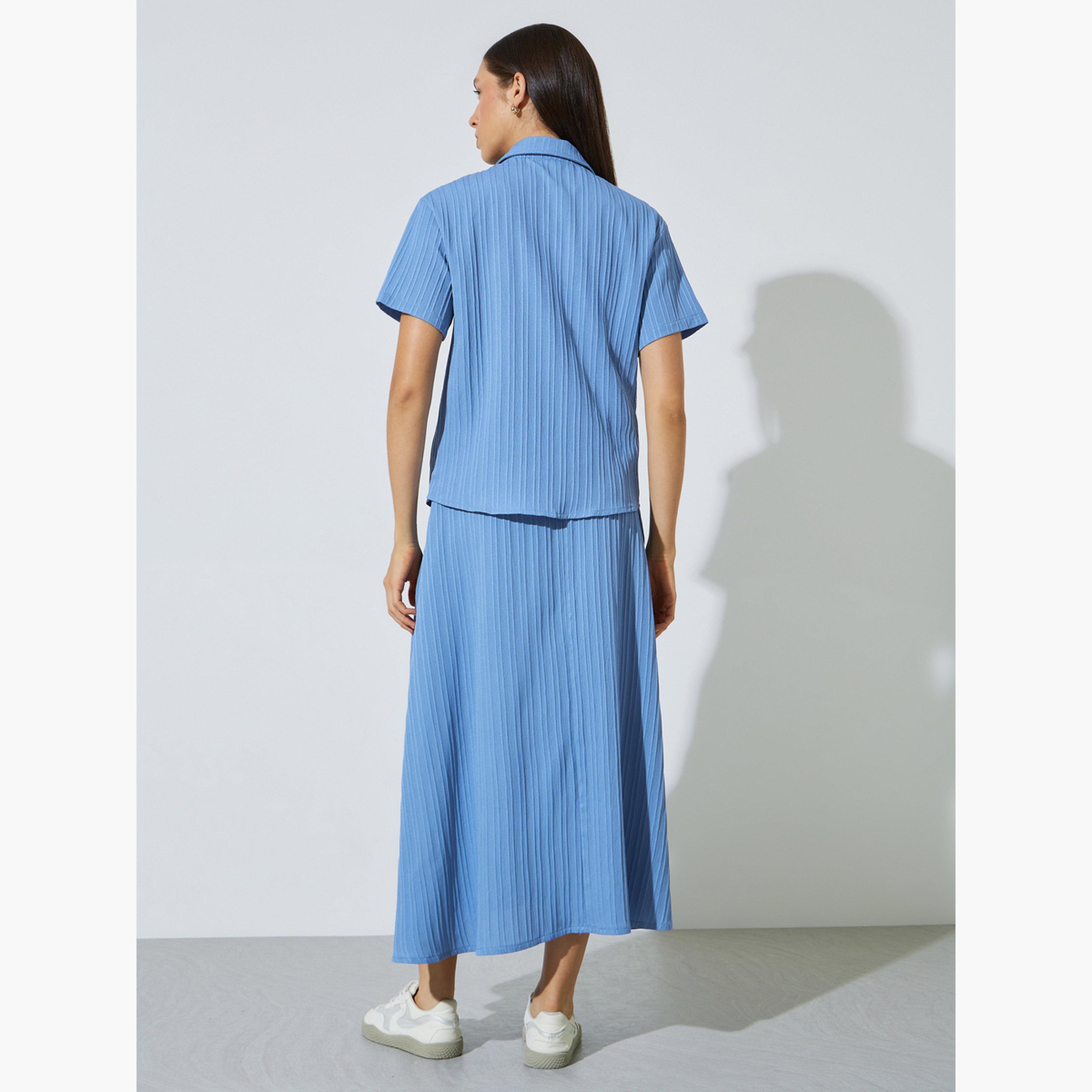Styli Blue Textured Shirt and Skirt Co-ord Set-women-clothing-coordsets-image-4