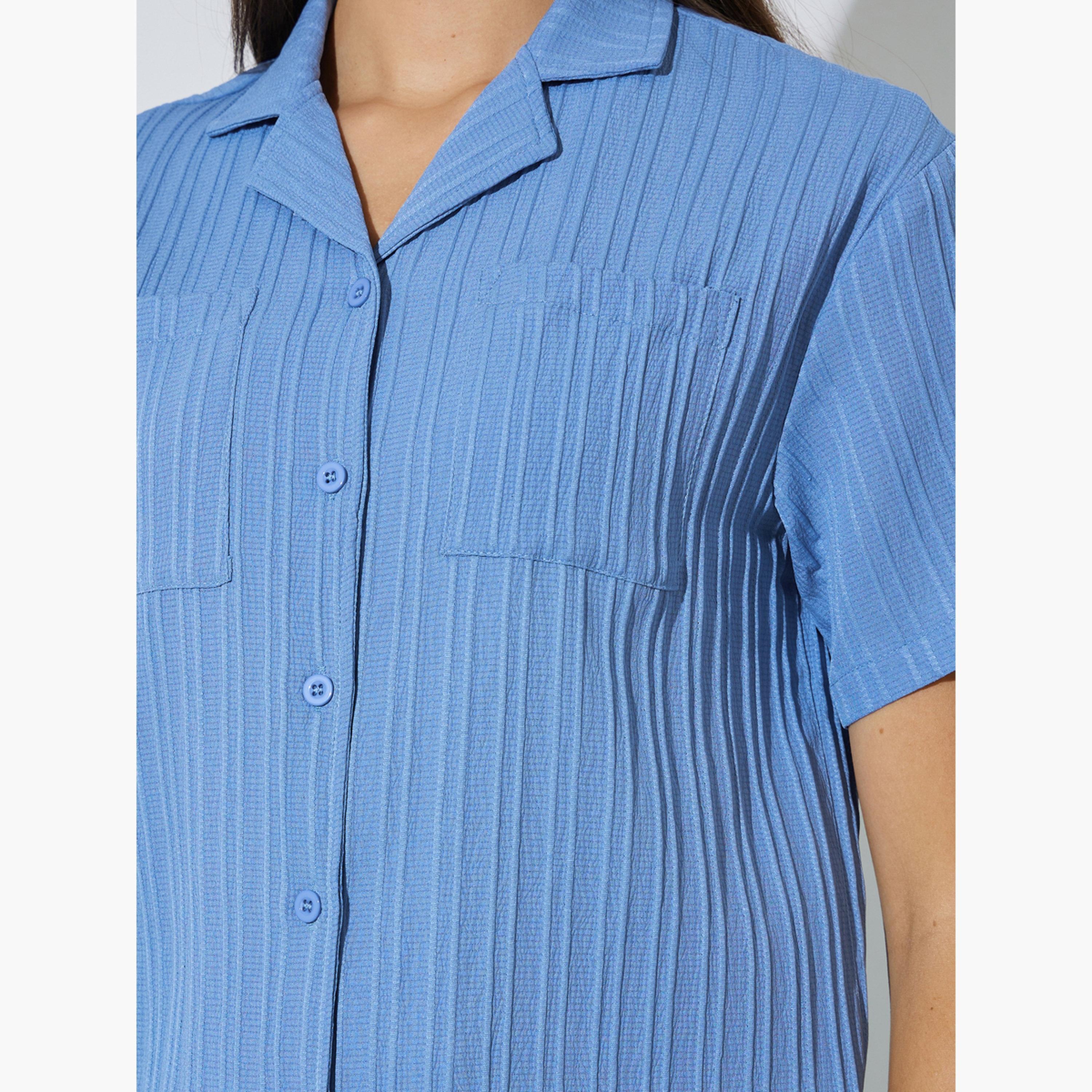 Styli Blue Textured Shirt and Skirt Co-ord Set-women-clothing-coordsets-image-6