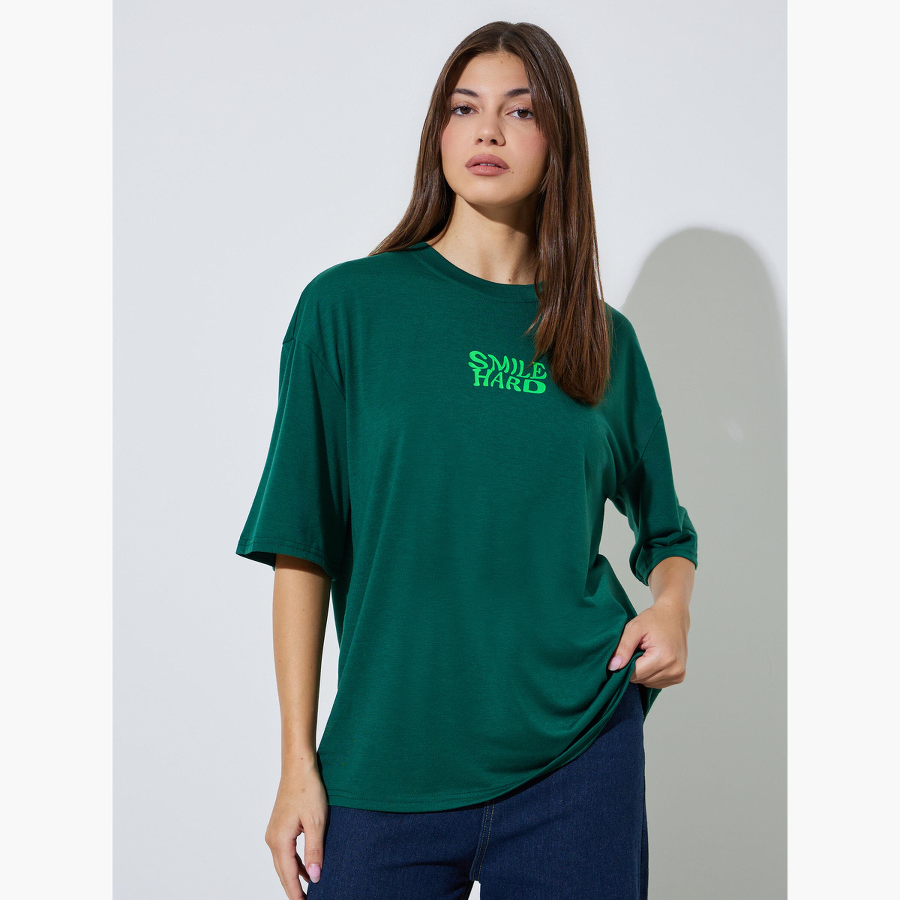 Styli Green Slogan Print Drop Shoulder Oversize T-shirt-women-clothing-tshirts-image-1