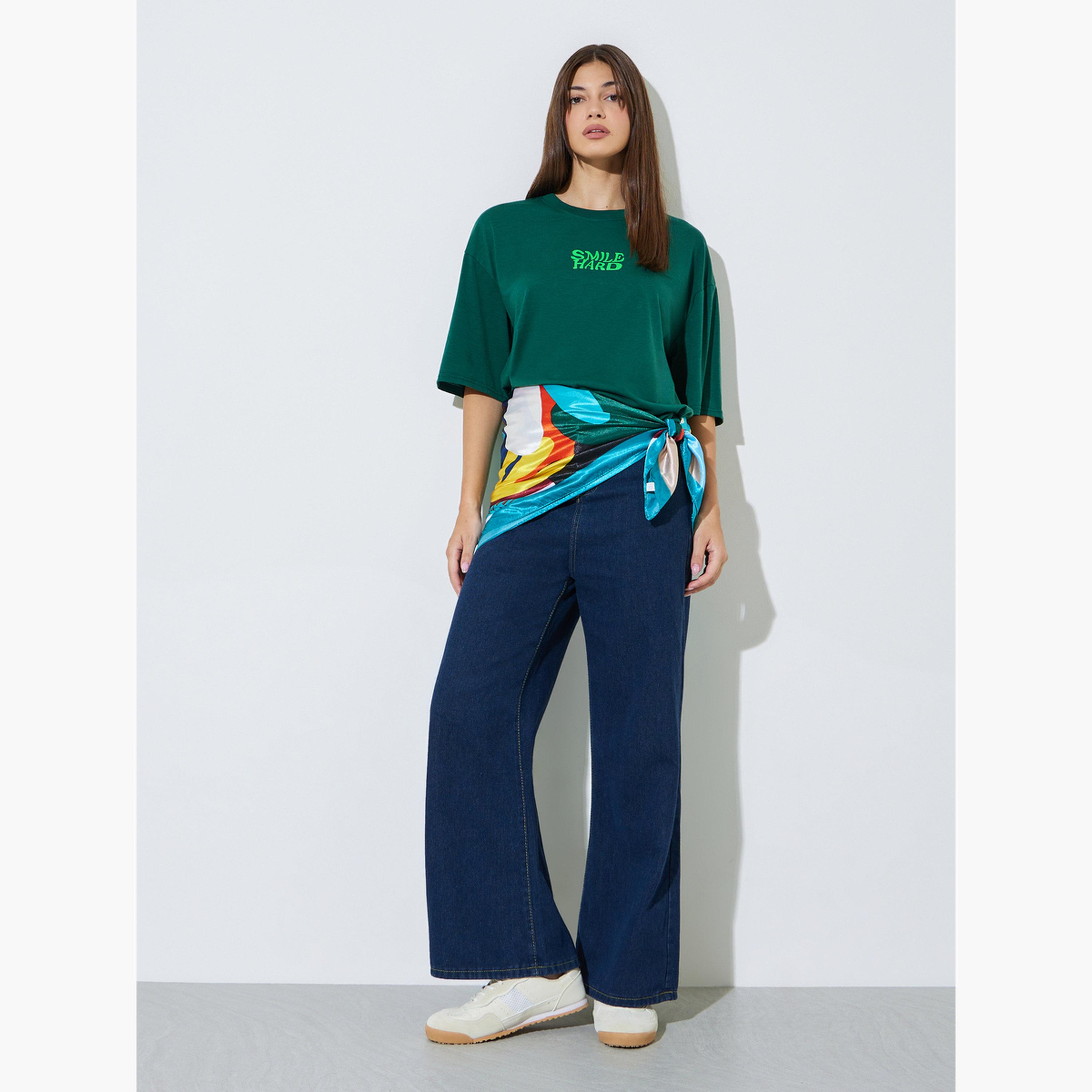 Styli Green Slogan Print Drop Shoulder Oversize T-shirt-women-clothing-tshirts-image-2