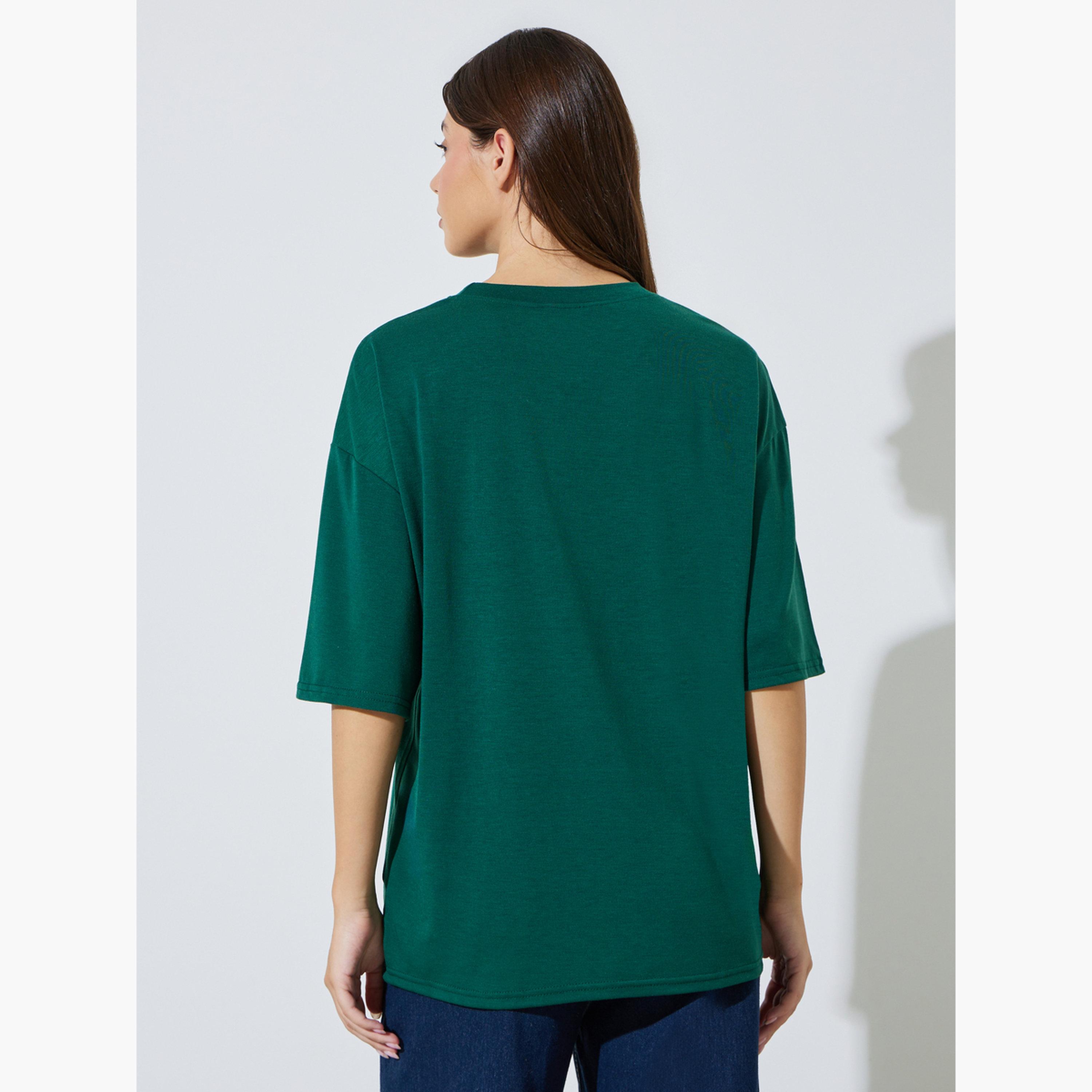 Styli Green Slogan Print Drop Shoulder Oversize T-shirt-women-clothing-tshirts-image-4