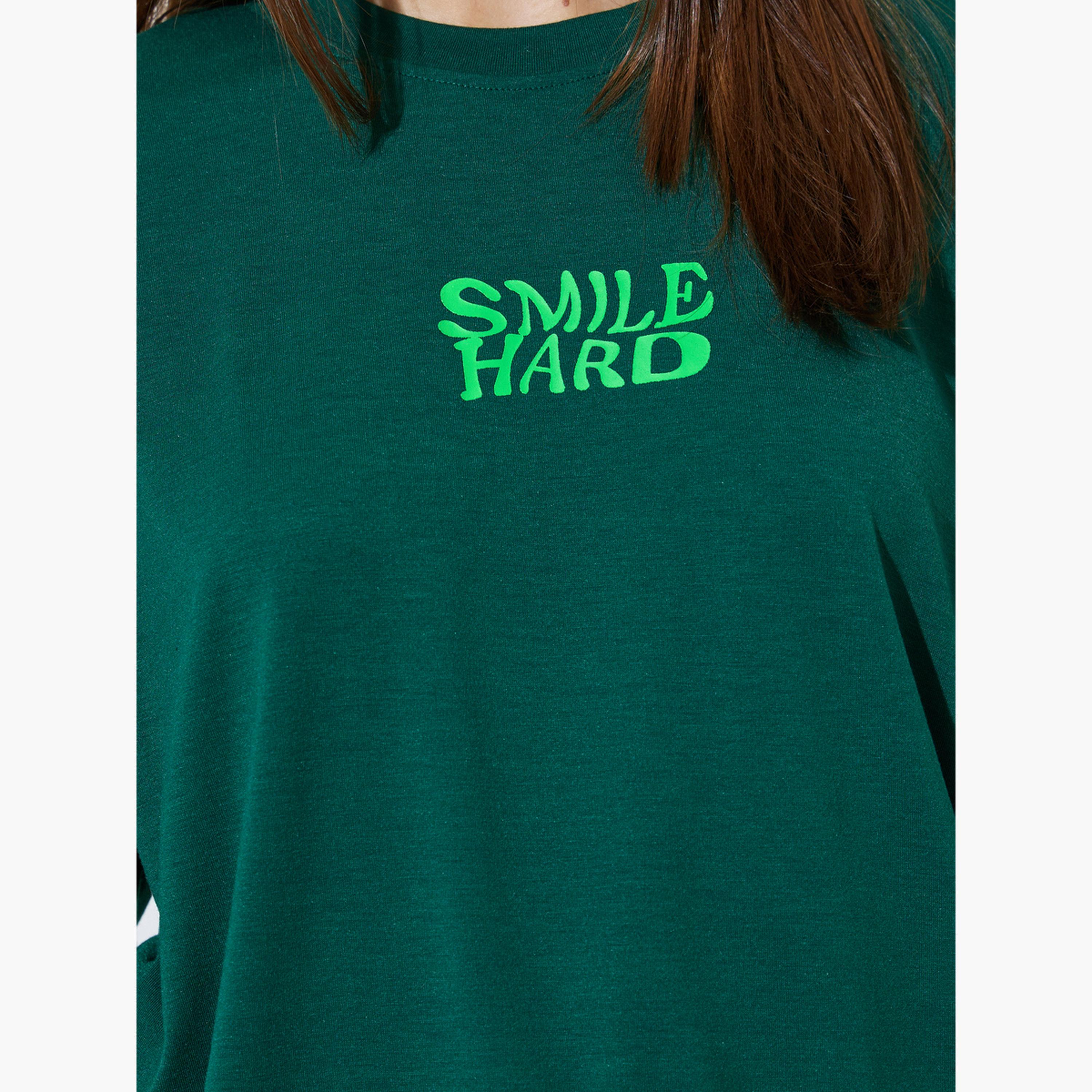 Styli Green Slogan Print Drop Shoulder Oversize T-shirt-women-clothing-tshirts-image-5