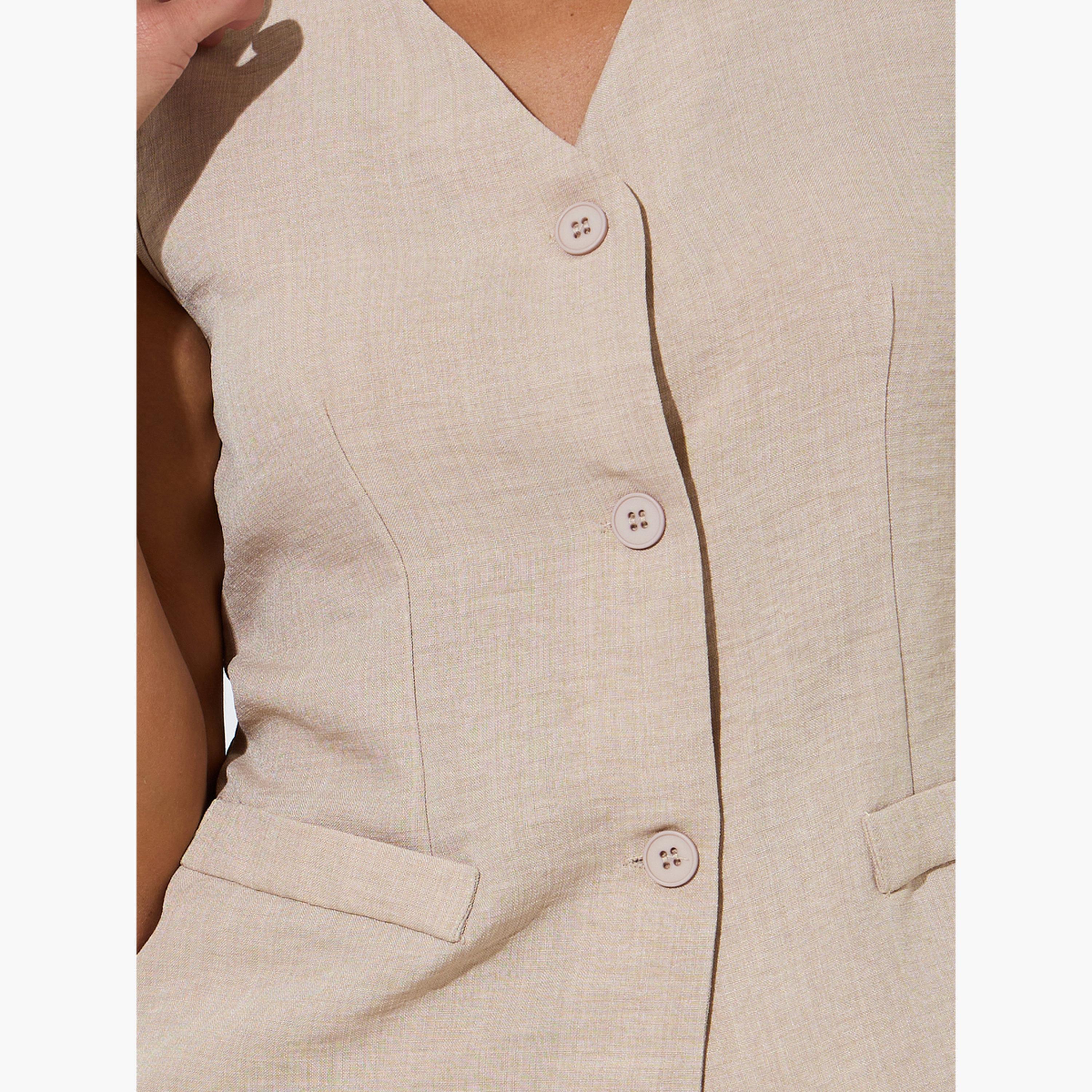 طقم منسق من بنطال بأرجل واسعة وفيست بلون سادة لون بيج-women-clothing-coordsets-image-6