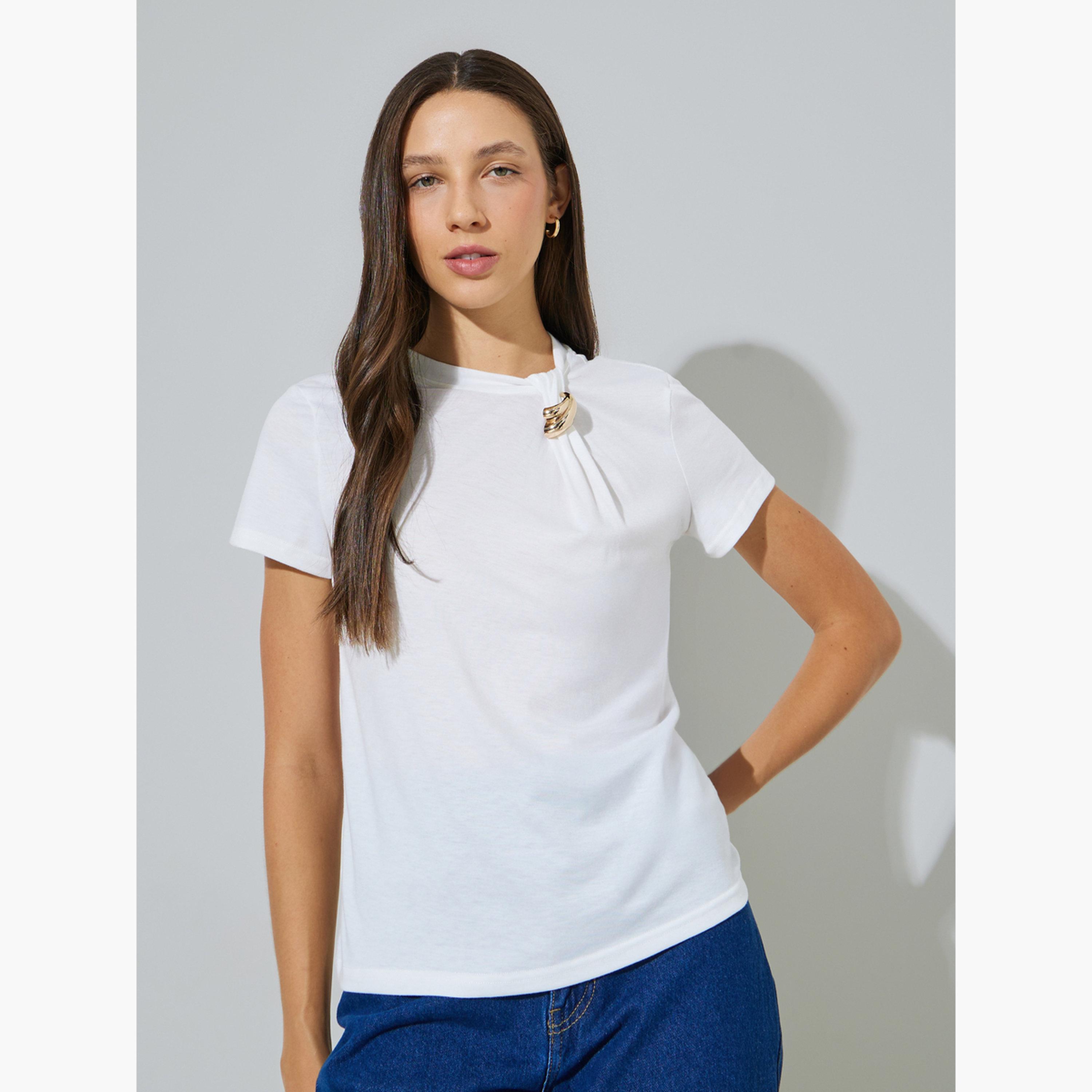 Styli White Brooch Detail Regular Fit T-Shirt-women-clothing-tshirts-image-1