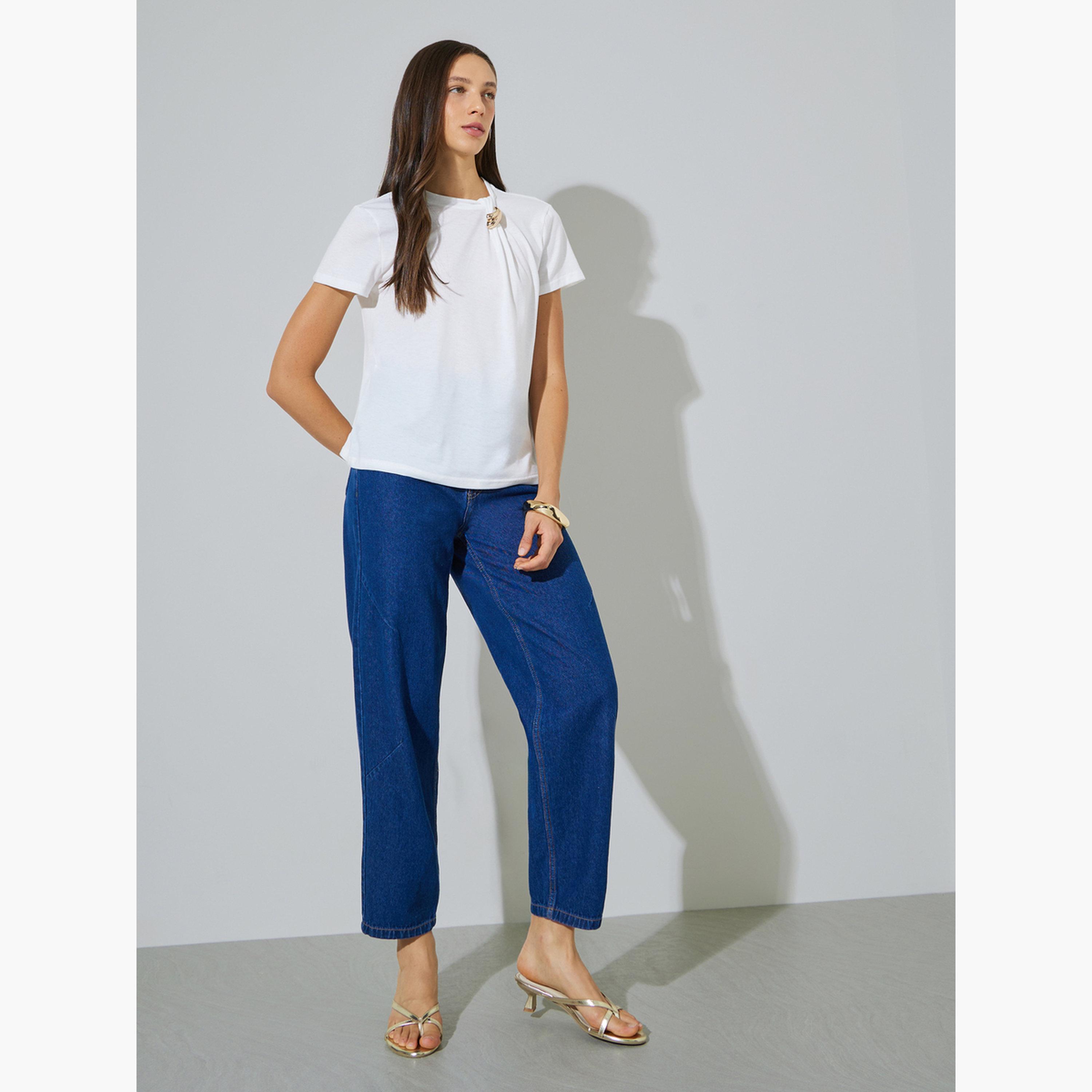 Styli White Brooch Detail Regular Fit T-Shirt-women-clothing-tshirts-image-2
