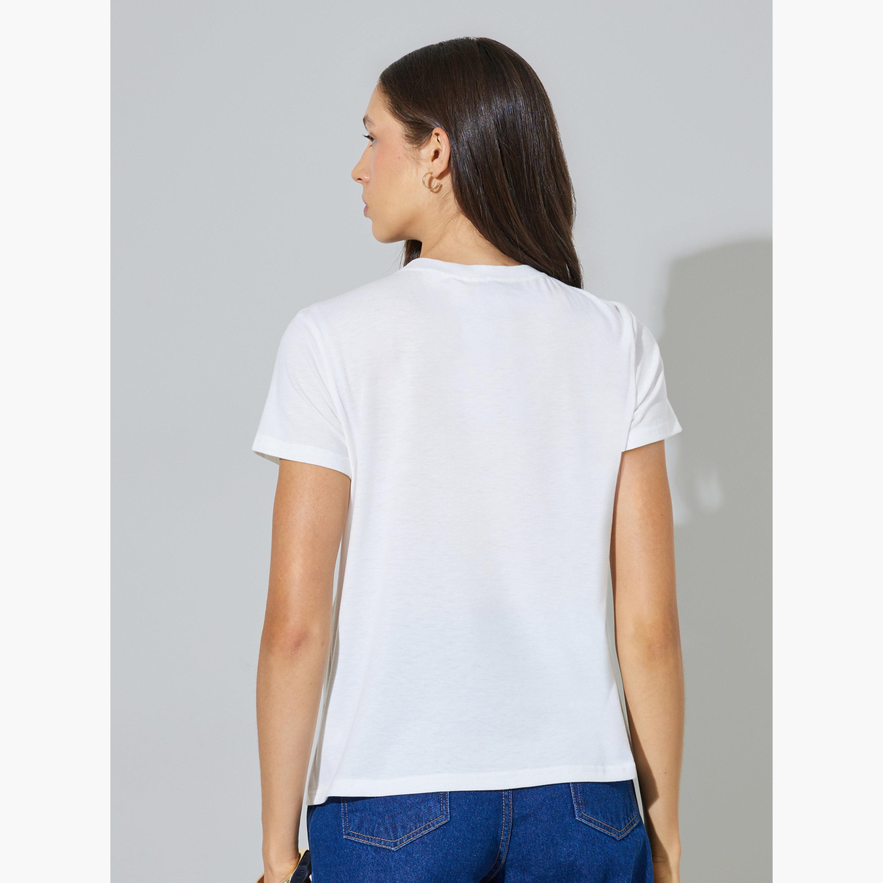 Styli White Brooch Detail Regular Fit T-Shirt-women-clothing-tshirts-image-4