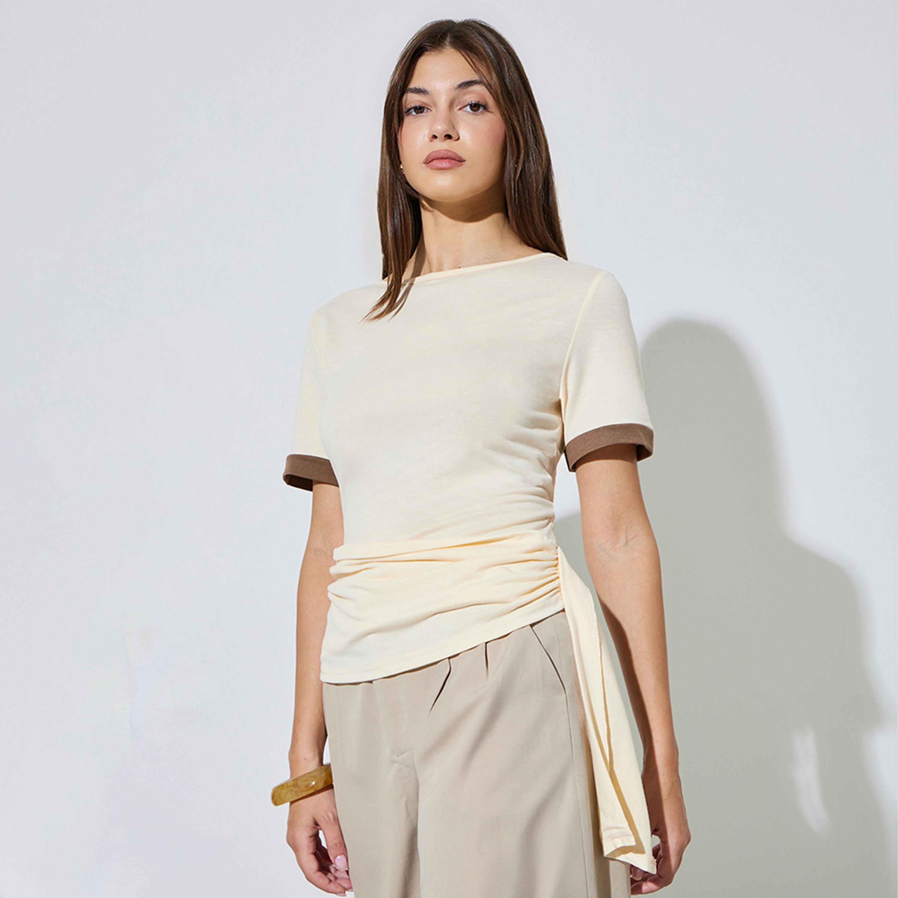Styli Beige Slim Fit Side Ruching T-Shirt-women-clothing-tshirts-image-1