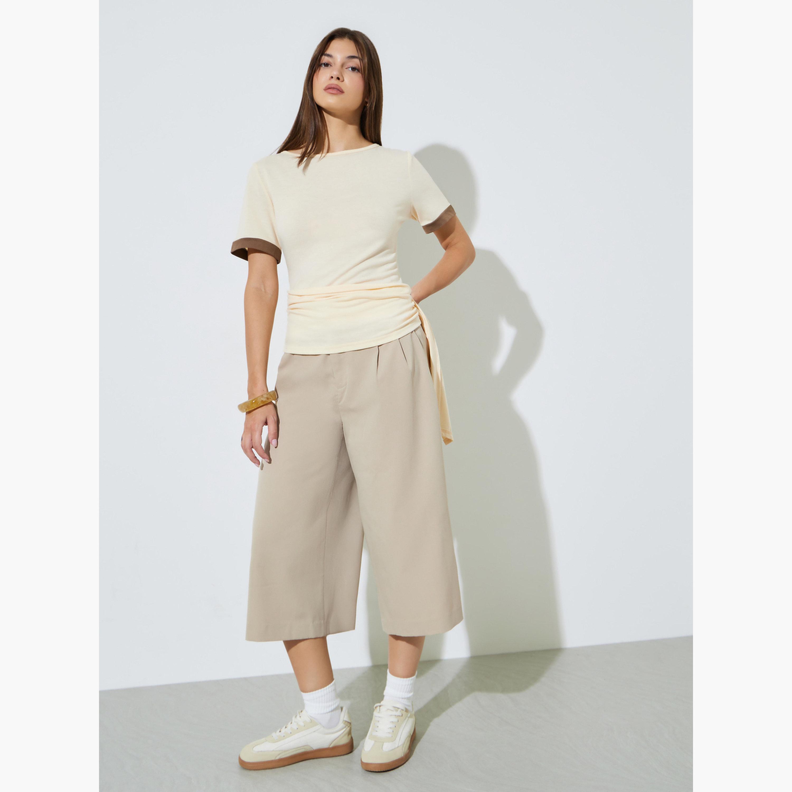 Styli Beige Slim Fit Side Ruching T-Shirt-women-clothing-tshirts-image-2