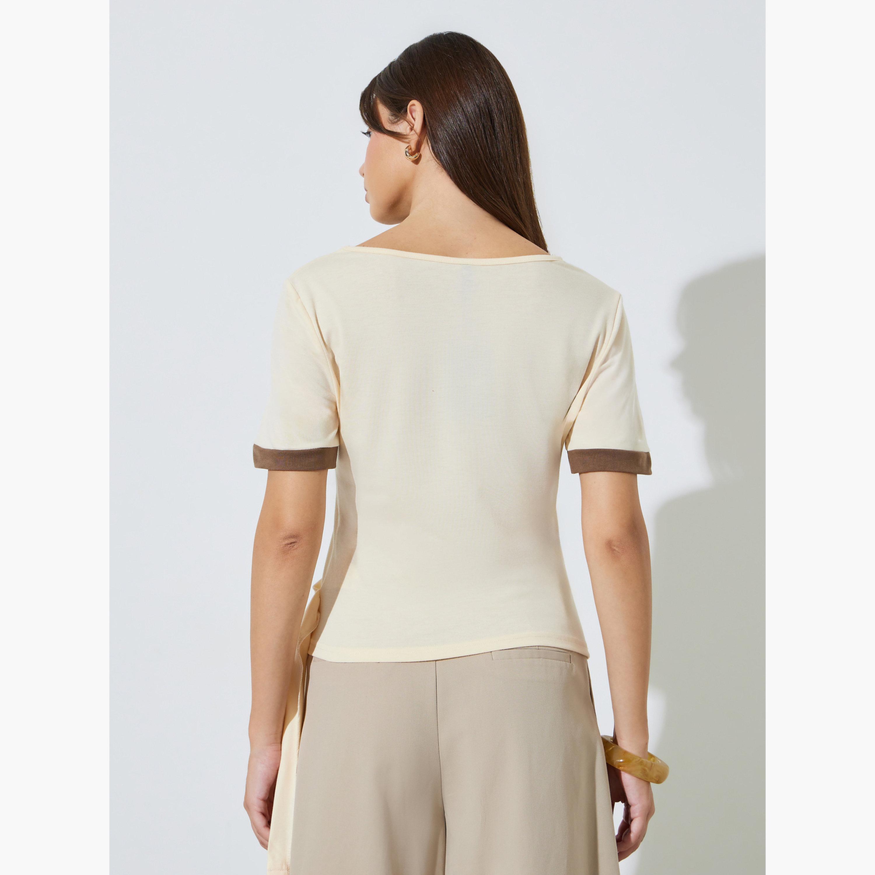 Styli Beige Slim Fit Side Ruching T-Shirt-women-clothing-tshirts-image-3