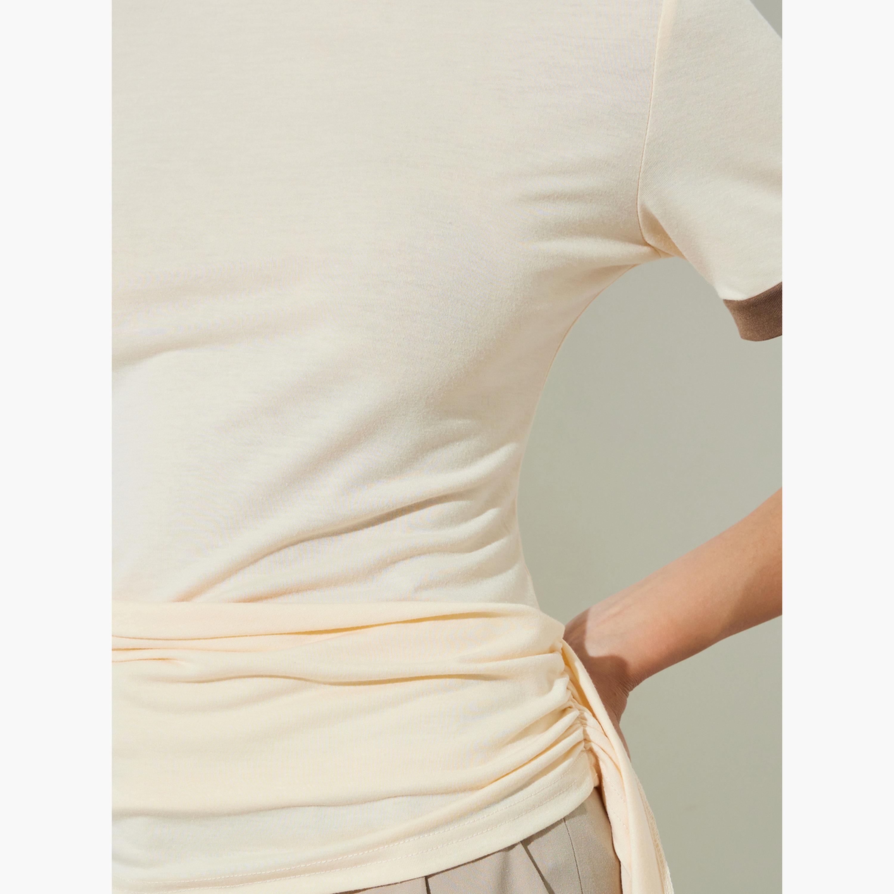 Styli Beige Slim Fit Side Ruching T-Shirt-women-clothing-tshirts-image-4