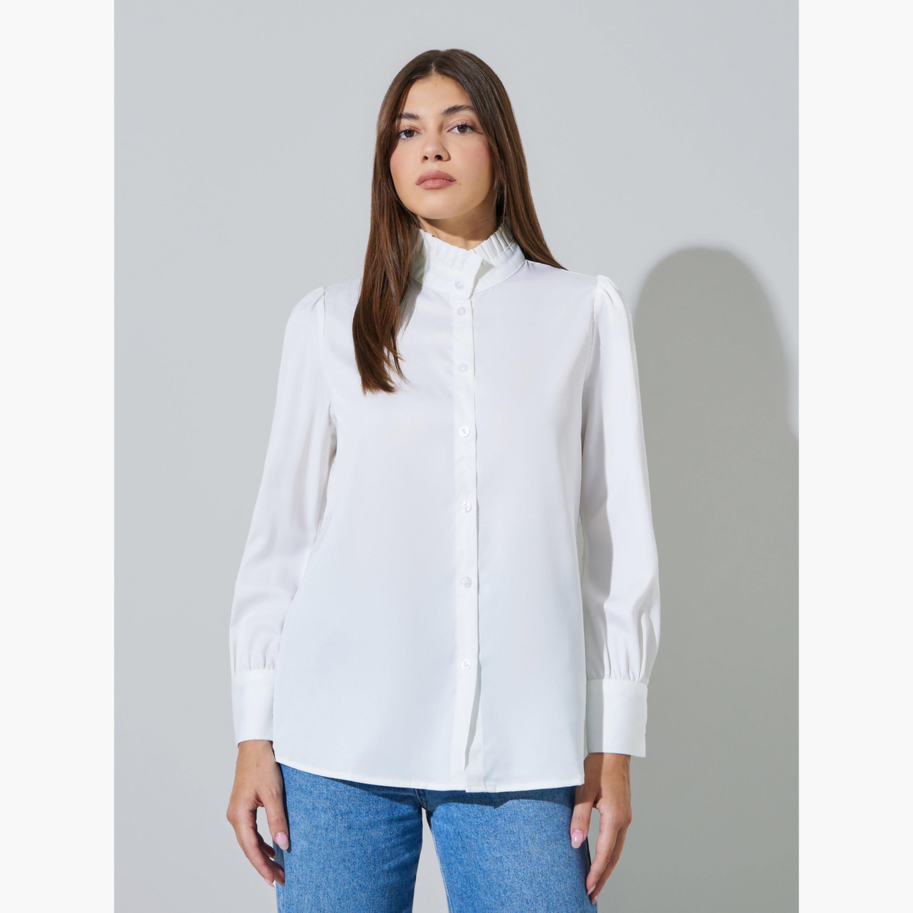 ستايلي - قميص أبيض سادة بأكمام طويلة وياقة واقفة مكشكشة-women-clothing-shirtsandblouses-shirts-image-1