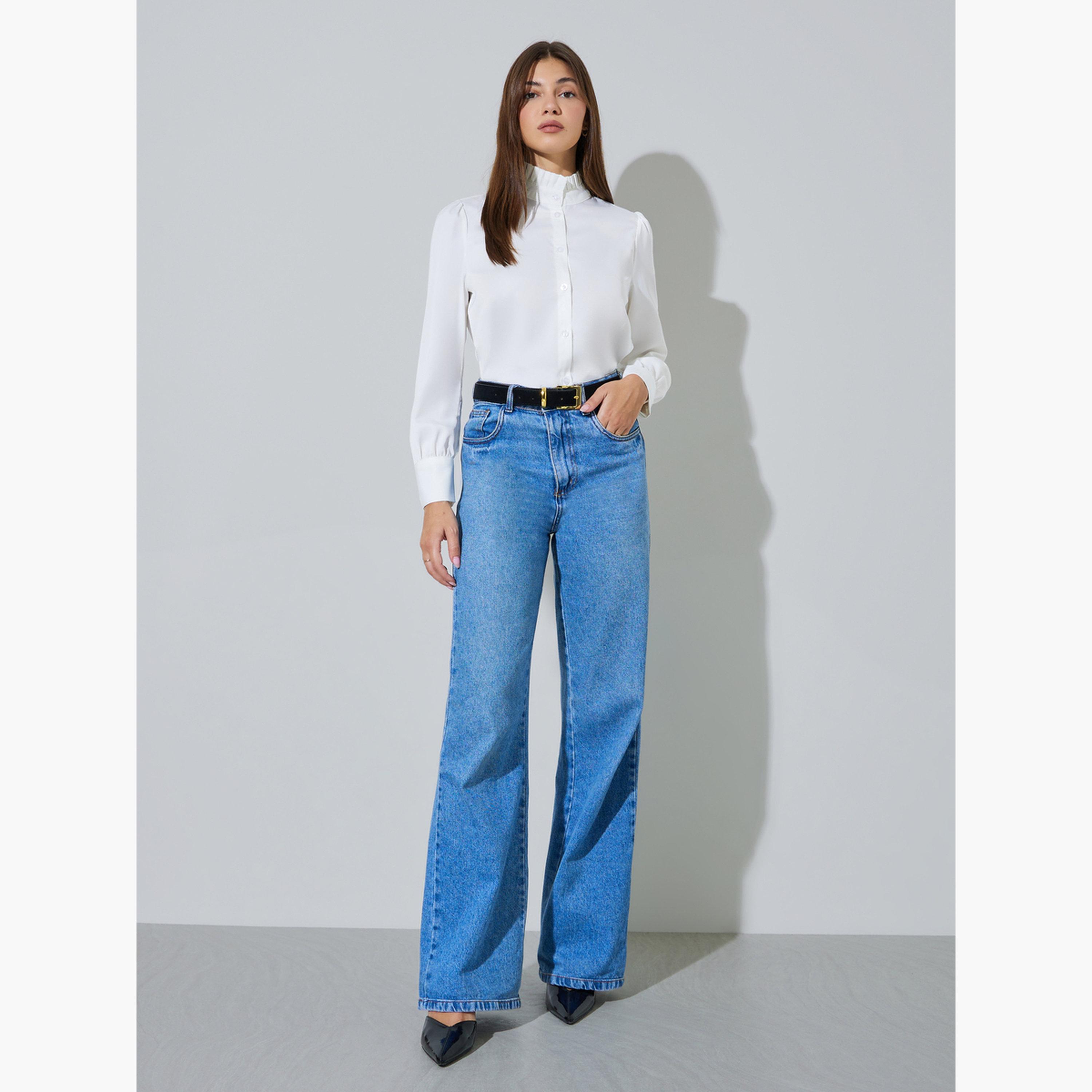 ستايلي - قميص أبيض سادة بأكمام طويلة وياقة واقفة مكشكشة-women-clothing-shirtsandblouses-shirts-image-2