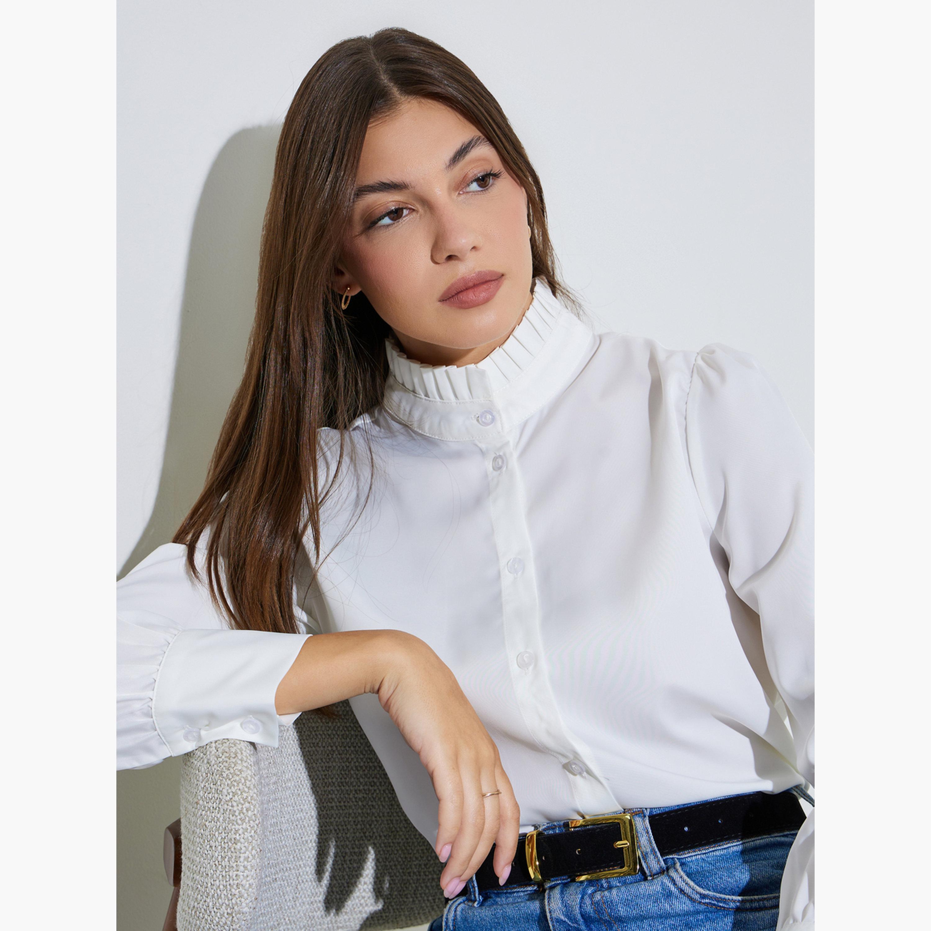 ستايلي - قميص أبيض سادة بأكمام طويلة وياقة واقفة مكشكشة-women-clothing-shirtsandblouses-shirts-image-3