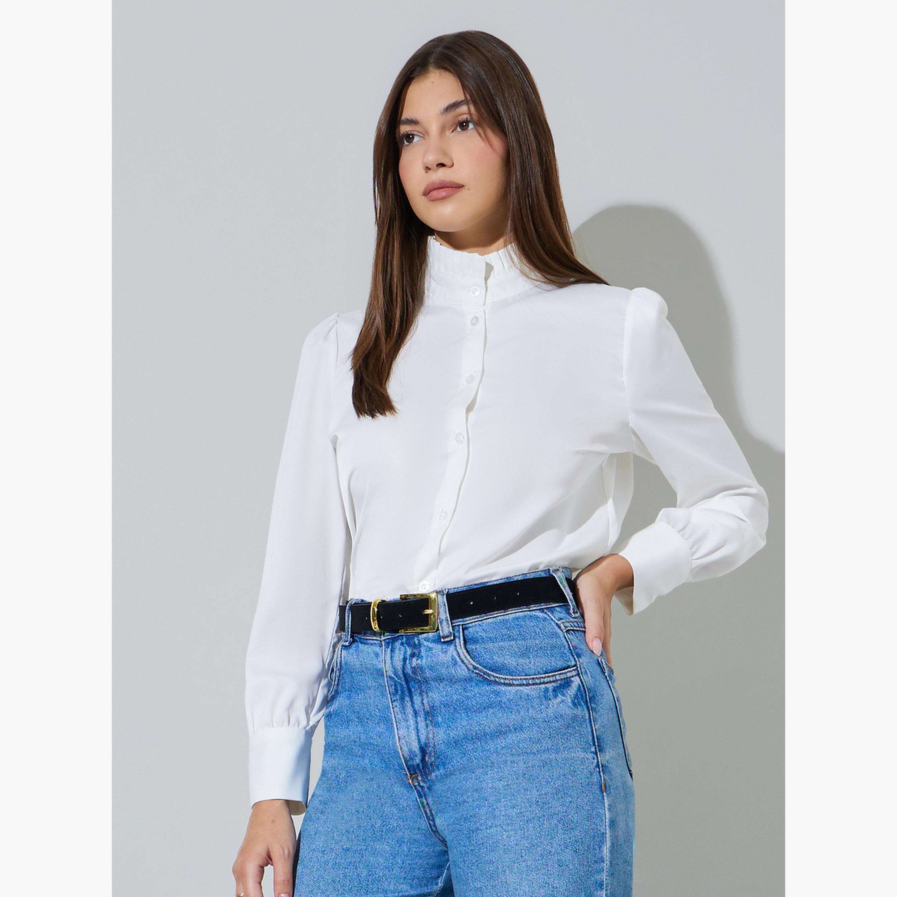 ستايلي - قميص أبيض سادة بأكمام طويلة وياقة واقفة مكشكشة-women-clothing-shirtsandblouses-shirts-image-4