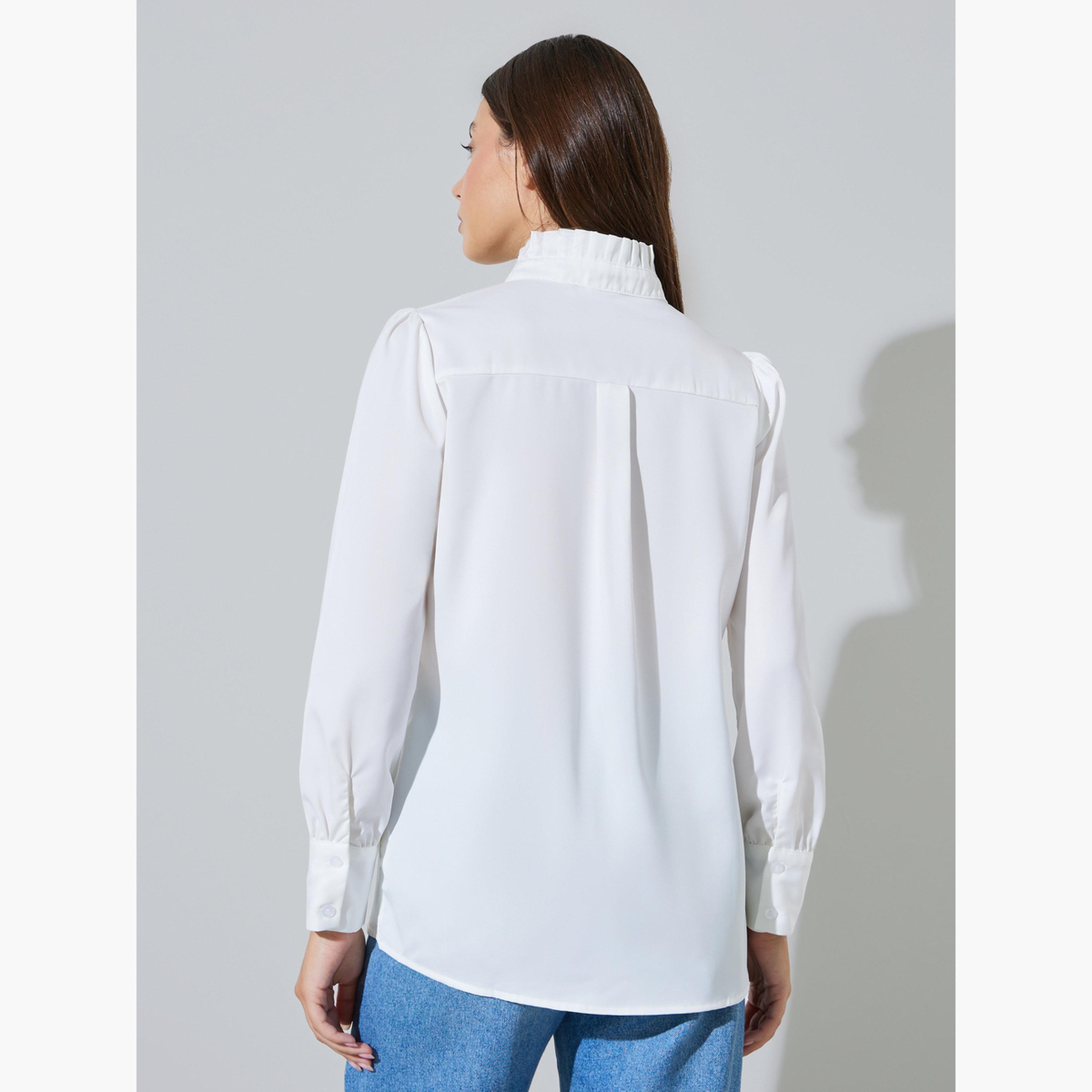 ستايلي - قميص أبيض سادة بأكمام طويلة وياقة واقفة مكشكشة-women-clothing-shirtsandblouses-shirts-image-5