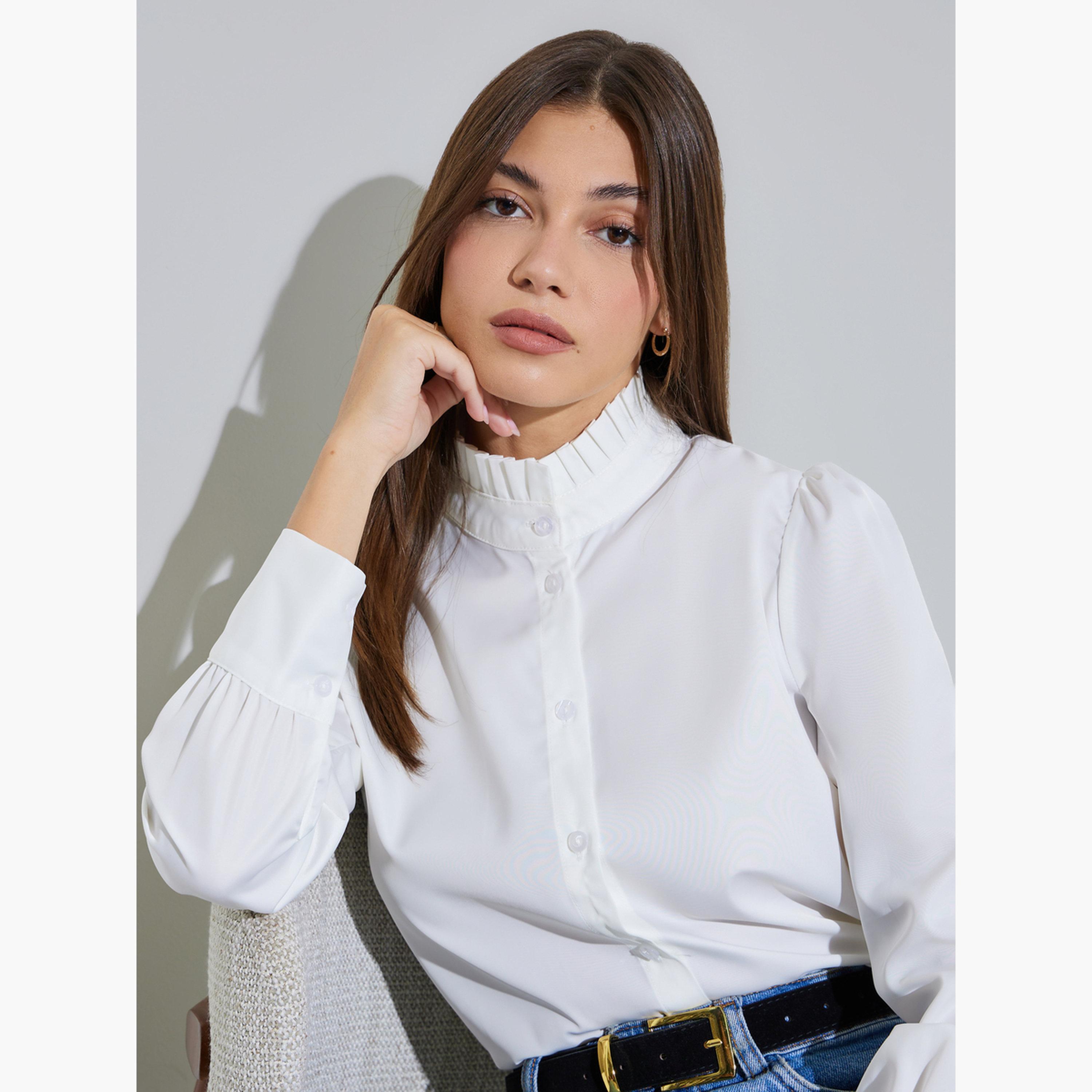 ستايلي - قميص أبيض سادة بأكمام طويلة وياقة واقفة مكشكشة-women-clothing-shirtsandblouses-shirts-image-6