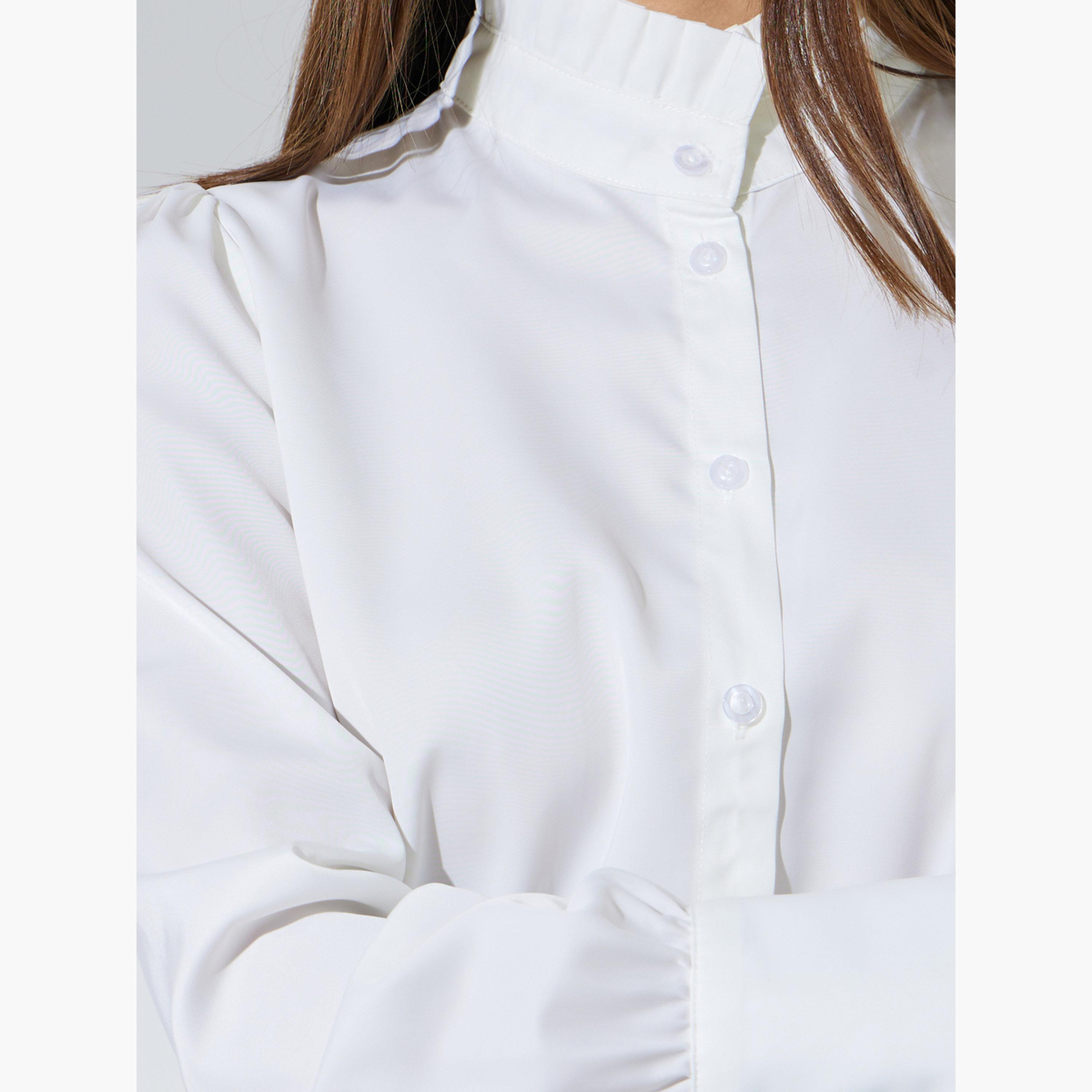 ستايلي - قميص أبيض سادة بأكمام طويلة وياقة واقفة مكشكشة-women-clothing-shirtsandblouses-shirts-image-7