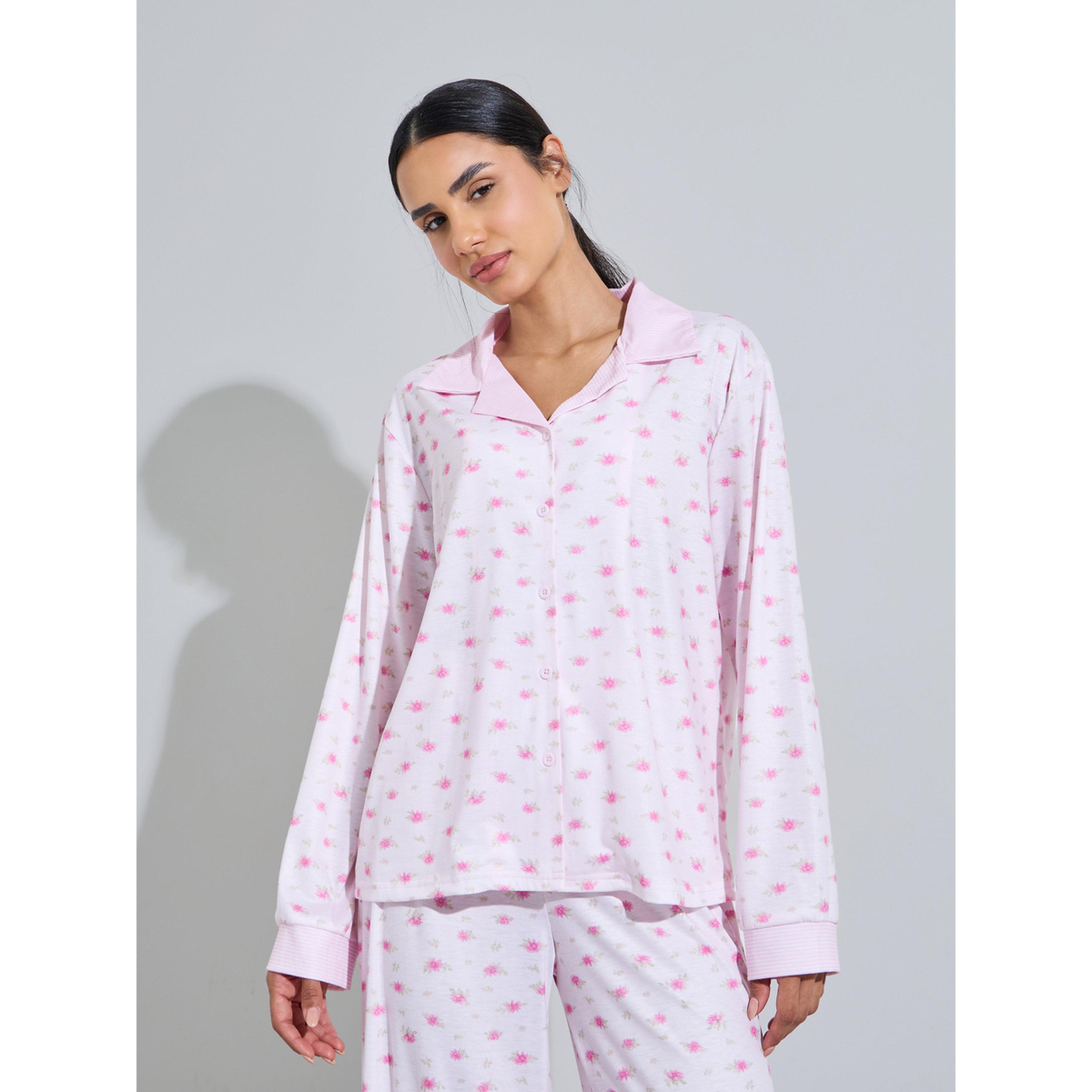 طقم بيجاما من بنطال بأرجل واسعة وبلوزة بطبعة زهور-women-clothing-nightwear-pyjamas-longsets-image-2