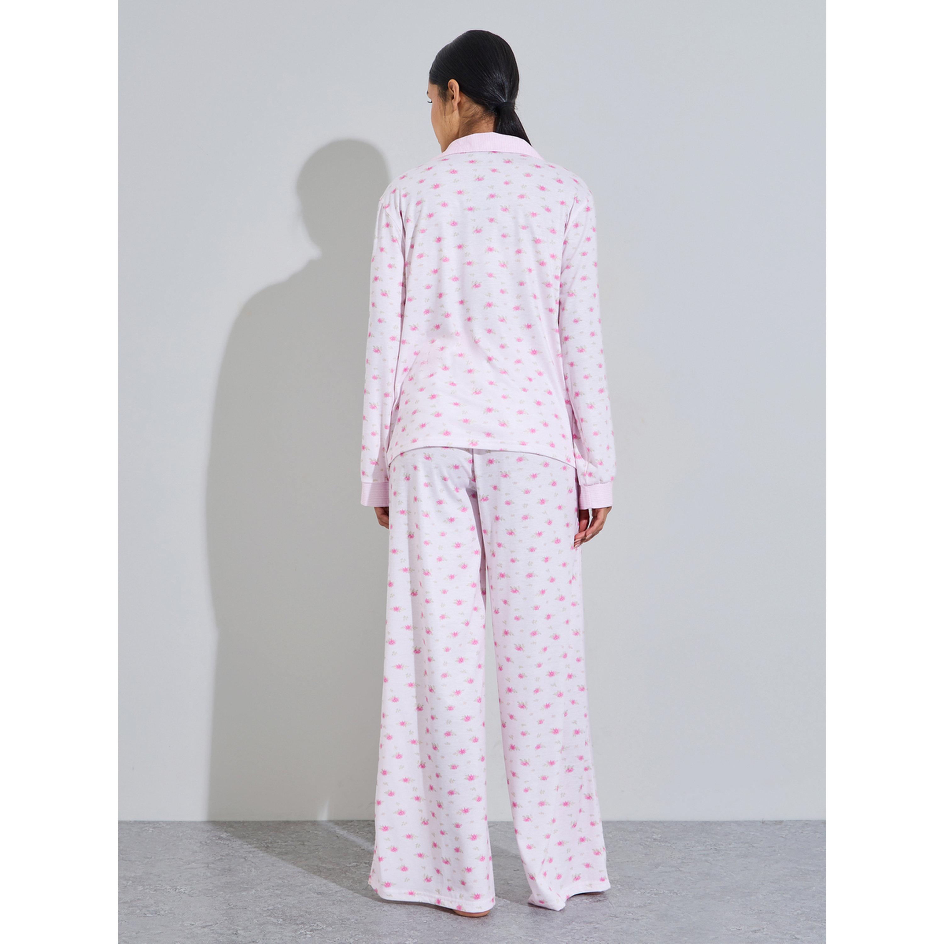 طقم بيجاما من بنطال بأرجل واسعة وبلوزة بطبعة زهور-women-clothing-nightwear-pyjamas-longsets-image-3