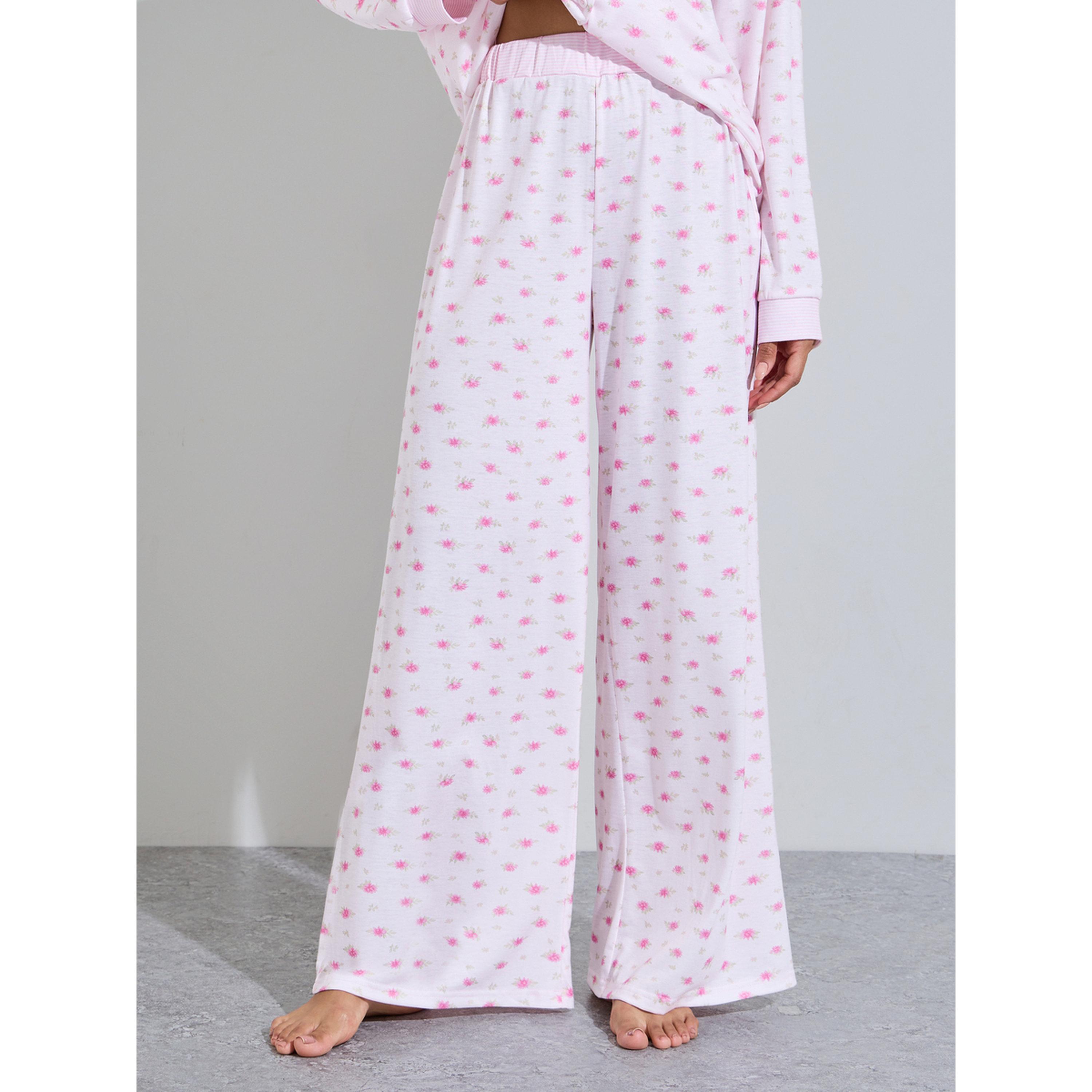 طقم بيجاما من بنطال بأرجل واسعة وبلوزة بطبعة زهور-women-clothing-nightwear-pyjamas-longsets-image-4