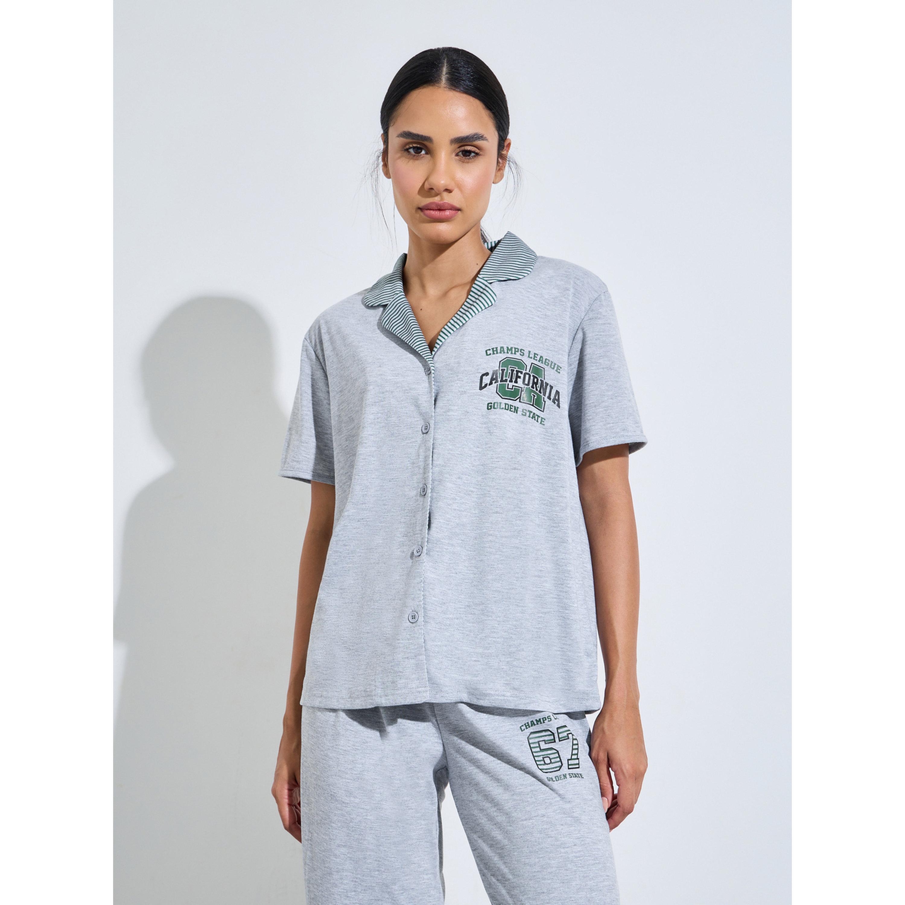 ستايلي - بيجاما رمادي اللون قميص طبعة رسومات وبنطال مستقيم الساق-women-clothing-nightwear-pyjamas-longsets-image-2
