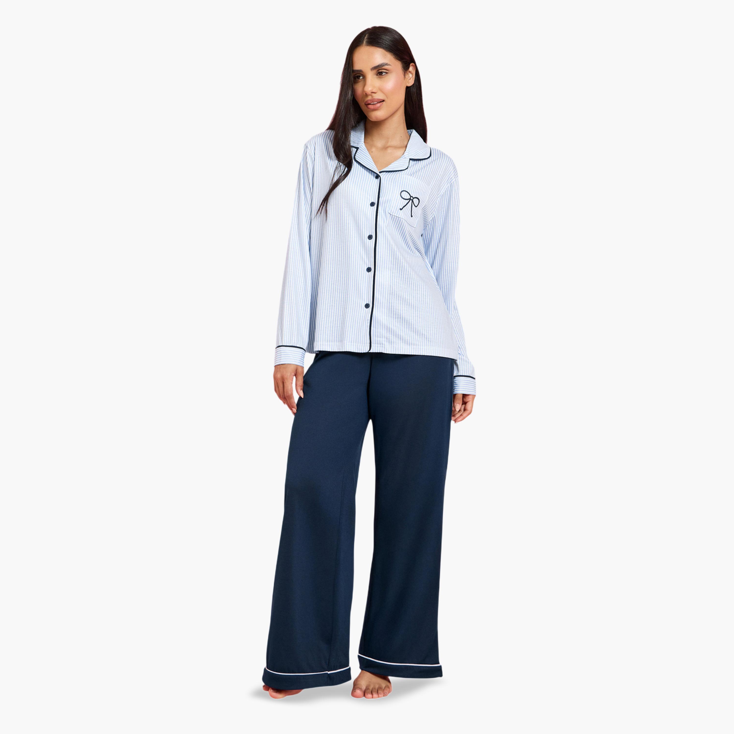 ستايلي - بيجاما قميص أزرق زينة فيونكة وحواف متباينة وبنطال واسع الساقين-women-clothing-nightwear-pyjamas-longsets-image-1
