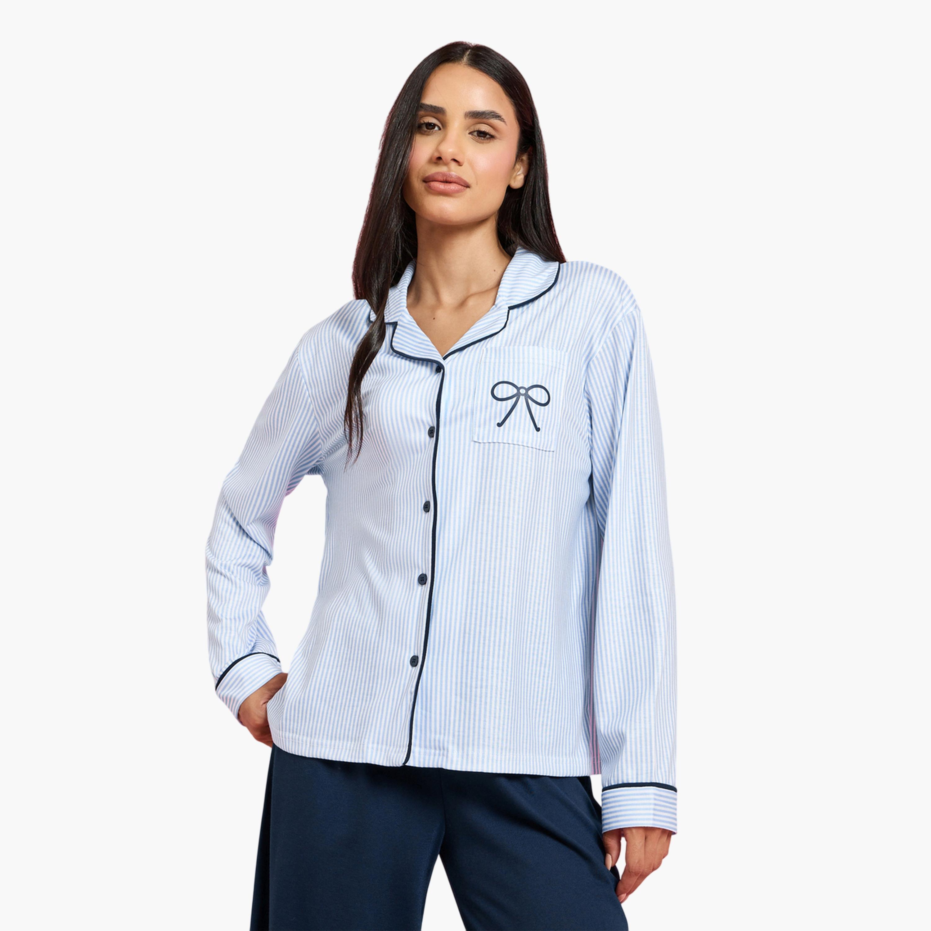 ستايلي - بيجاما قميص أزرق زينة فيونكة وحواف متباينة وبنطال واسع الساقين-women-clothing-nightwear-pyjamas-longsets-image-2