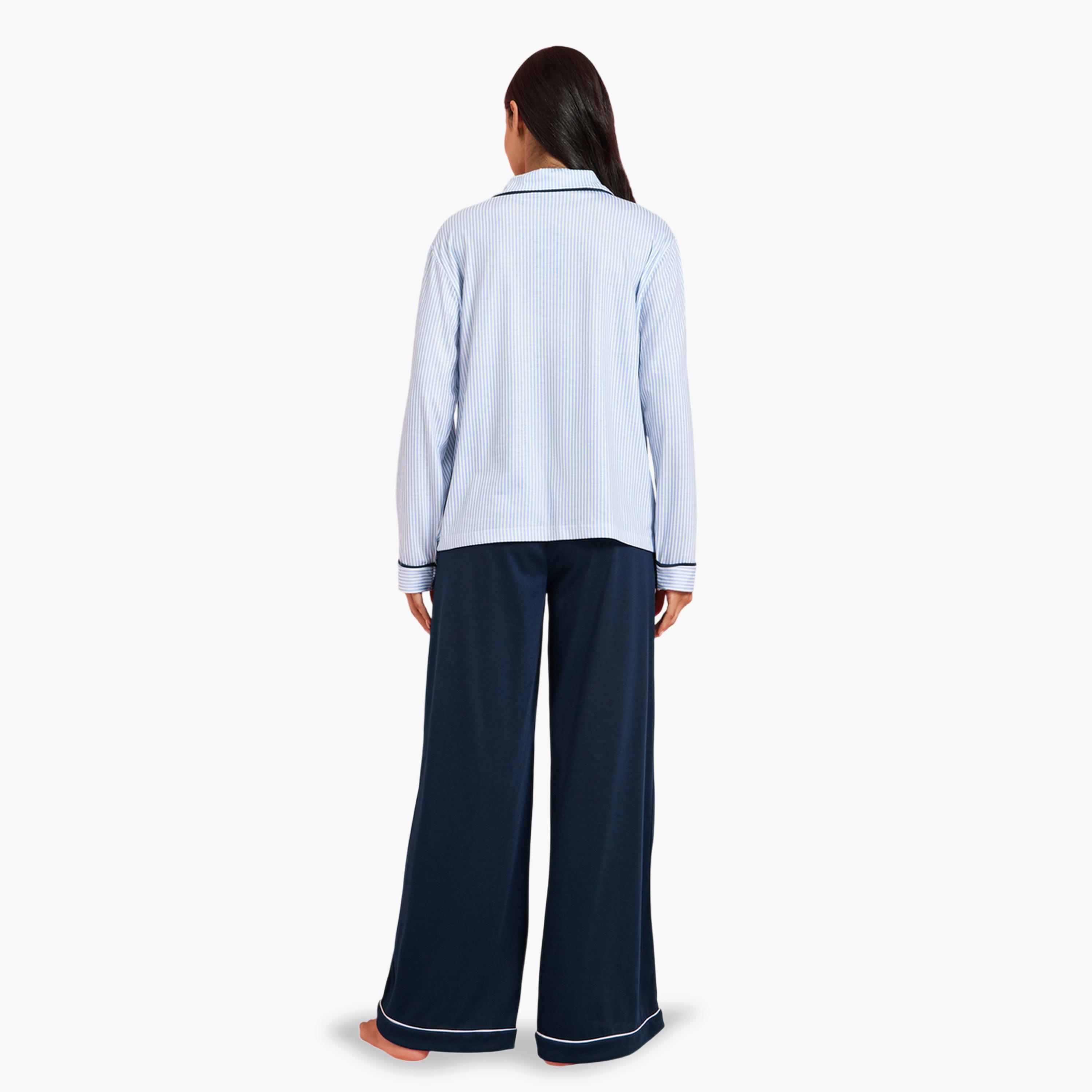 ستايلي - بيجاما قميص أزرق زينة فيونكة وحواف متباينة وبنطال واسع الساقين-women-clothing-nightwear-pyjamas-longsets-image-3
