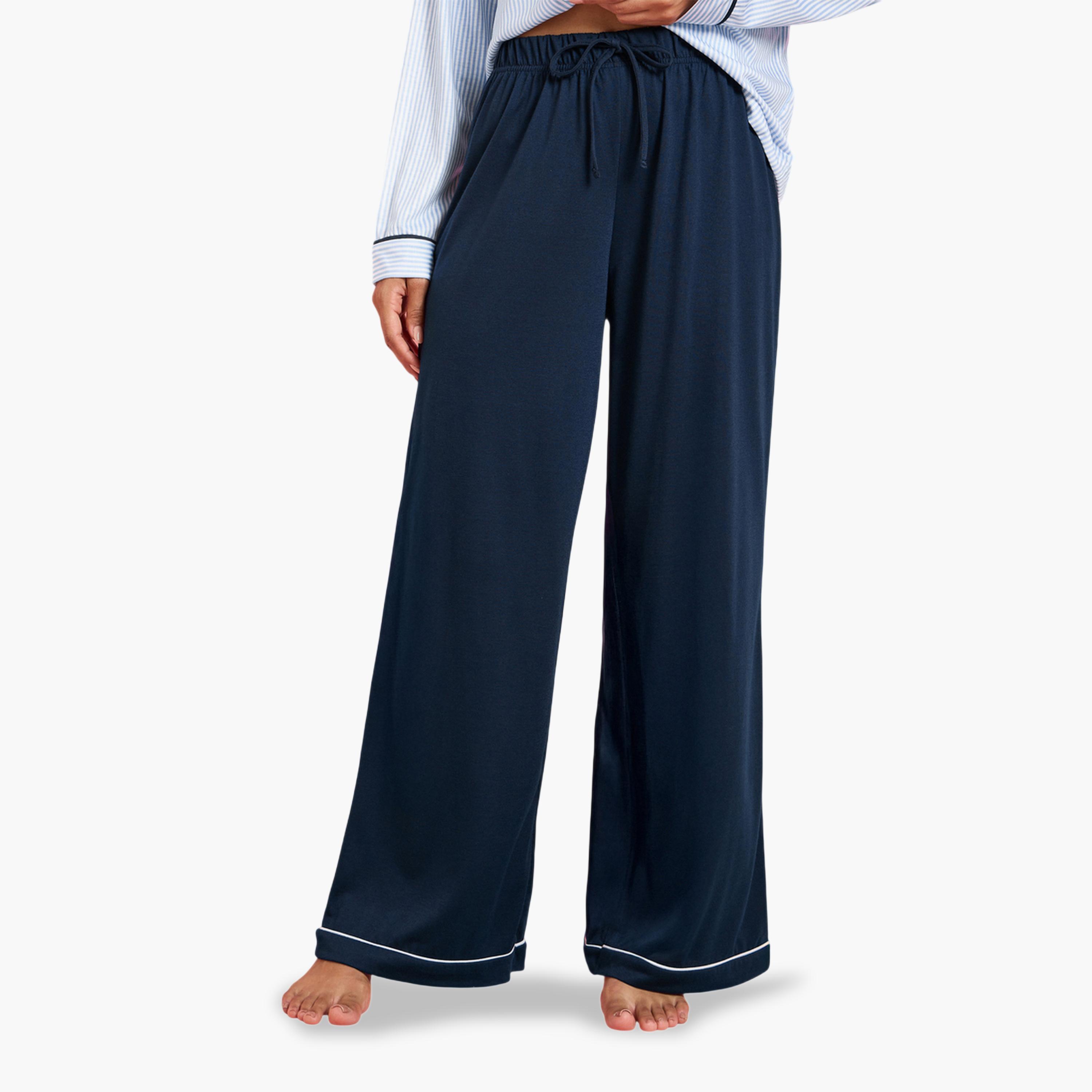 ستايلي - بيجاما قميص أزرق زينة فيونكة وحواف متباينة وبنطال واسع الساقين-women-clothing-nightwear-pyjamas-longsets-image-4