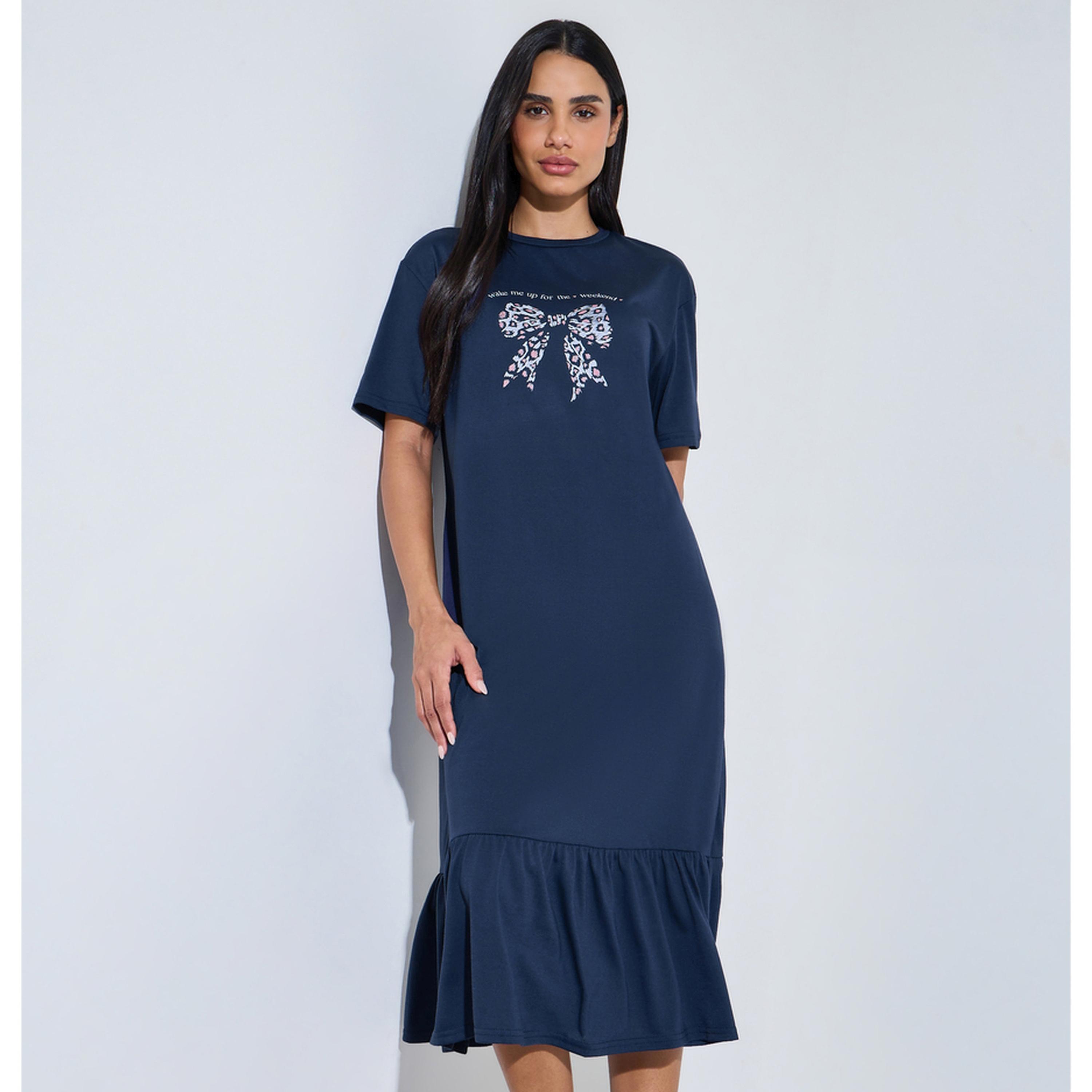 Styli Navy Blue Leopard Bow Print Ruffled hem Sleep T-Shirt Dress-women-clothing-nightwear-nighties-image-1