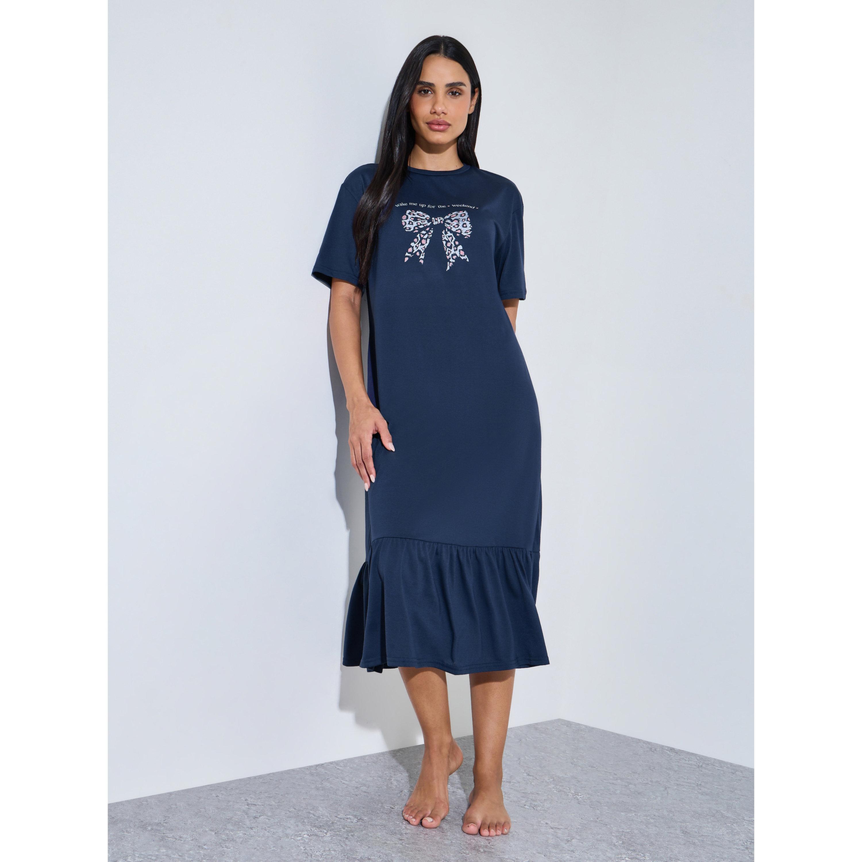 Styli Navy Blue Leopard Bow Print Ruffled hem Sleep T-Shirt Dress-women-clothing-nightwear-nighties-image-2
