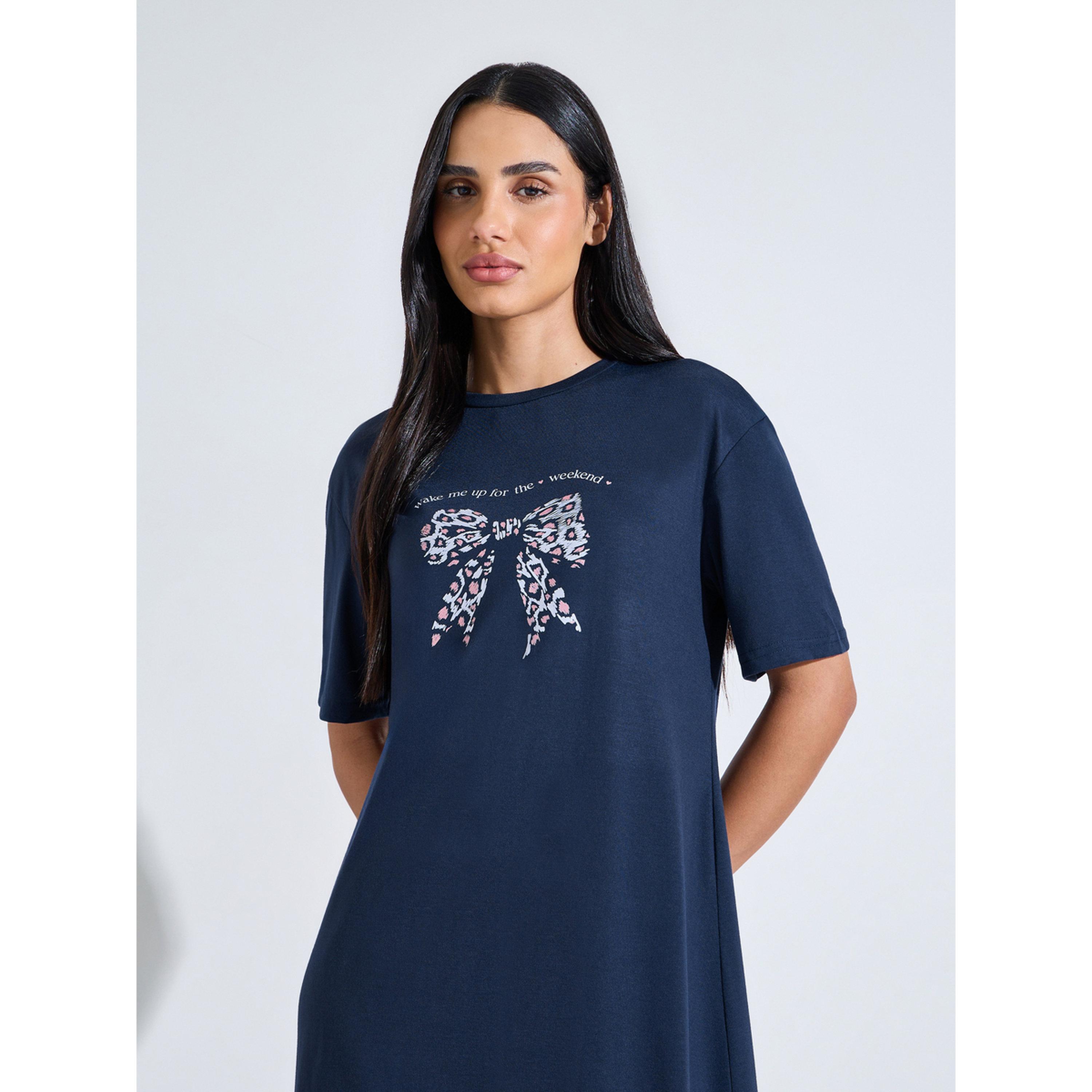 فستان نوم تيشيرت بحافة كشكشة وطبعة عقدة بنمط النمر باللون الكحلي-women-clothing-nightwear-nighties-image-3