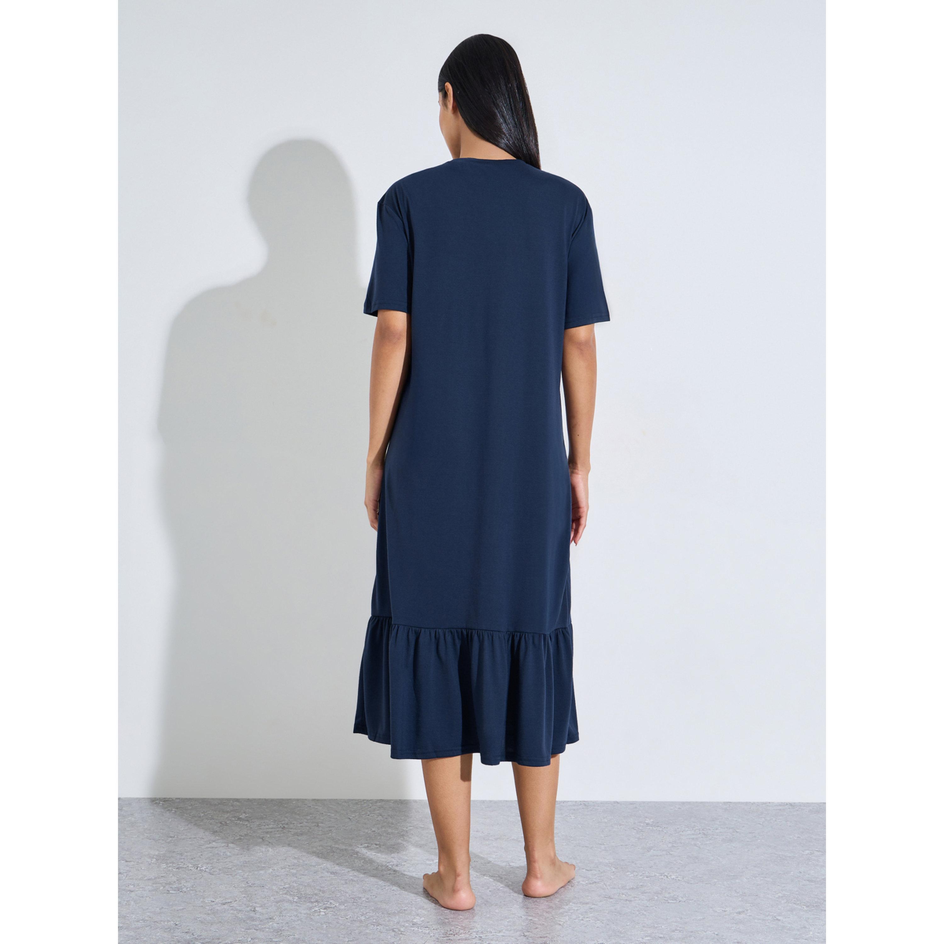 Styli Navy Blue Leopard Bow Print Ruffled hem Sleep T-Shirt Dress-women-clothing-nightwear-nighties-image-4
