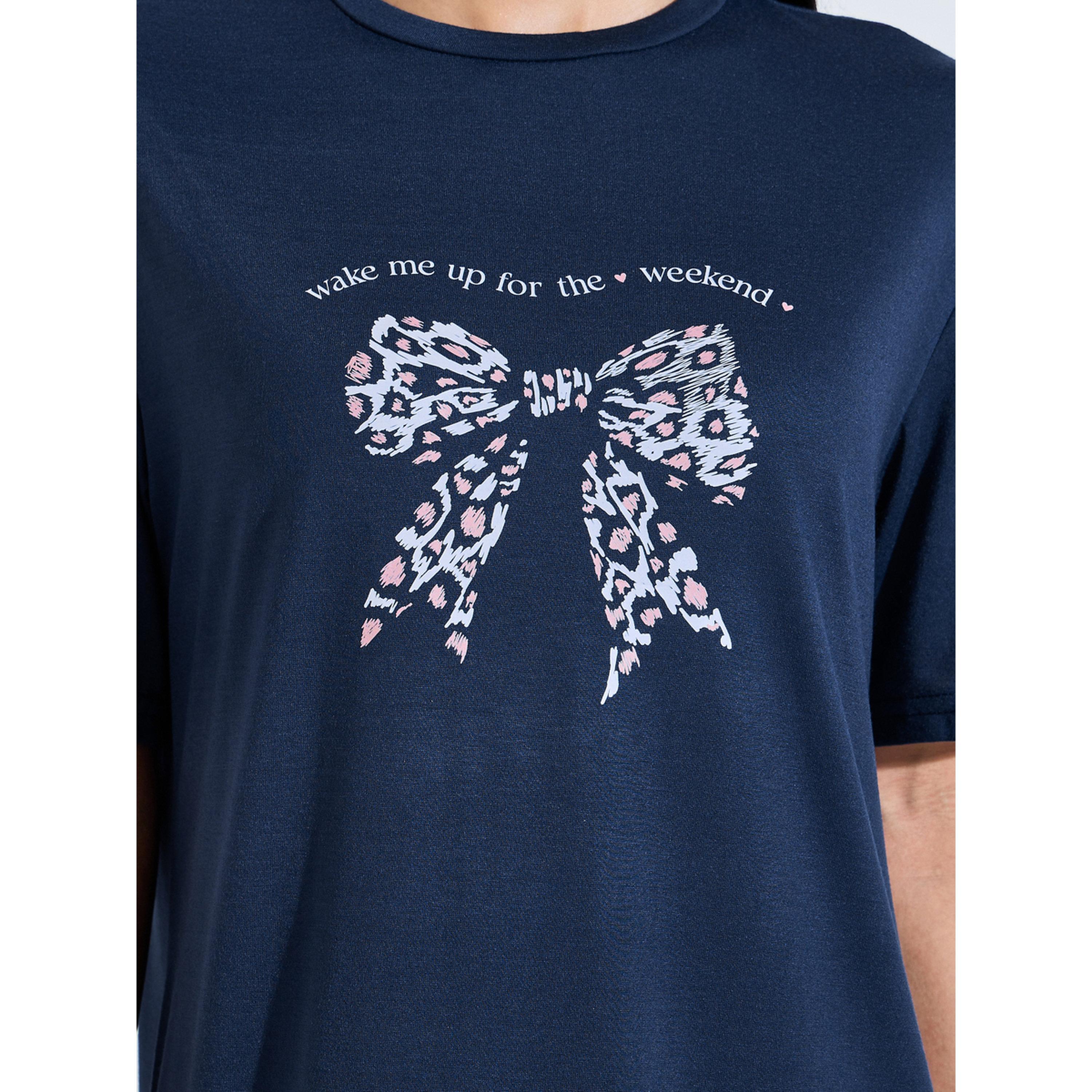فستان نوم تيشيرت بحافة كشكشة وطبعة عقدة بنمط النمر باللون الكحلي-women-clothing-nightwear-nighties-image-5
