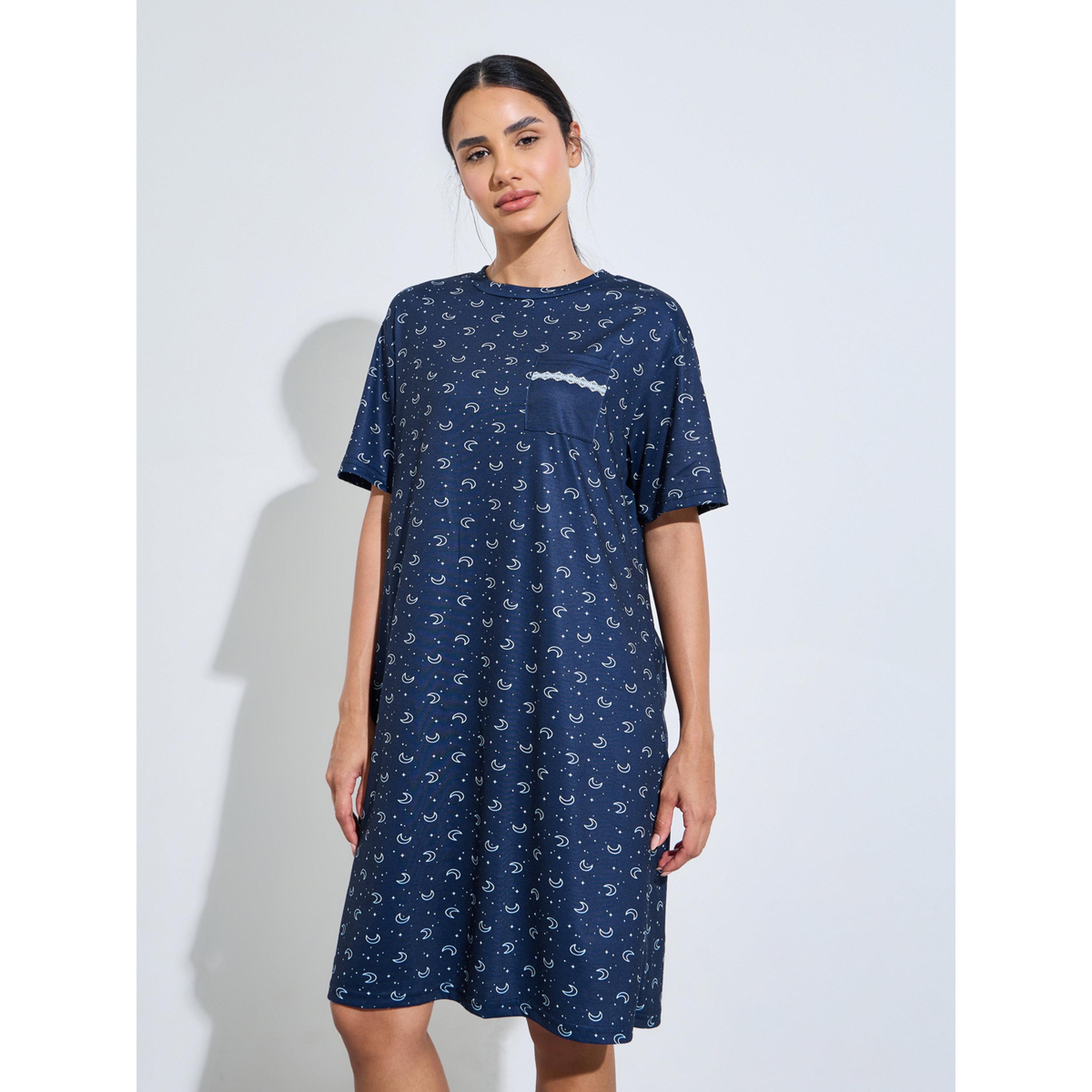 Styli Navy Blue Moon and Stars Print Pocket Detail Sleep T-Shirt Dress-women-clothing-nightwear-nighties-image-1