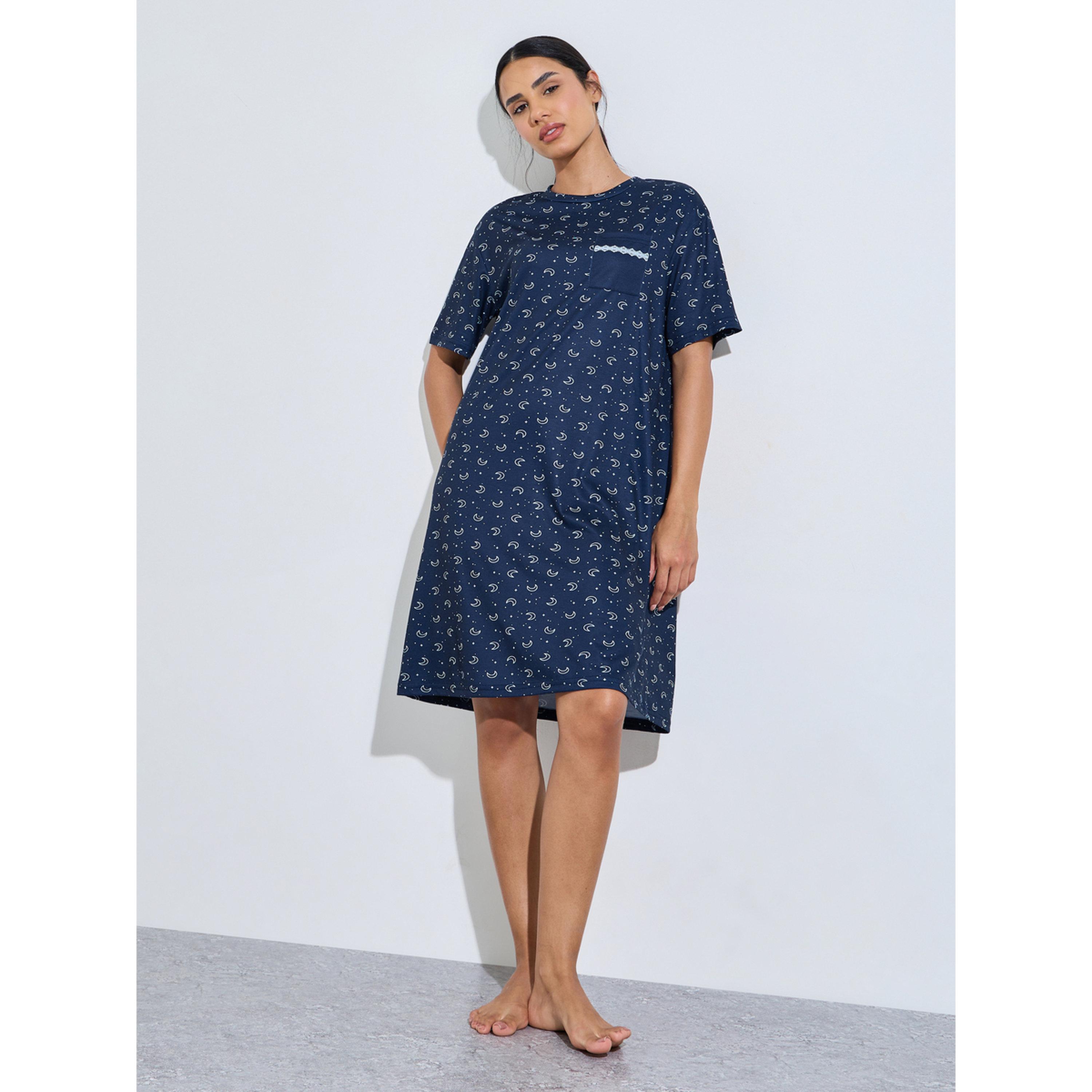 Styli Navy Blue Moon and Stars Print Pocket Detail Sleep T-Shirt Dress-women-clothing-nightwear-nighties-image-2