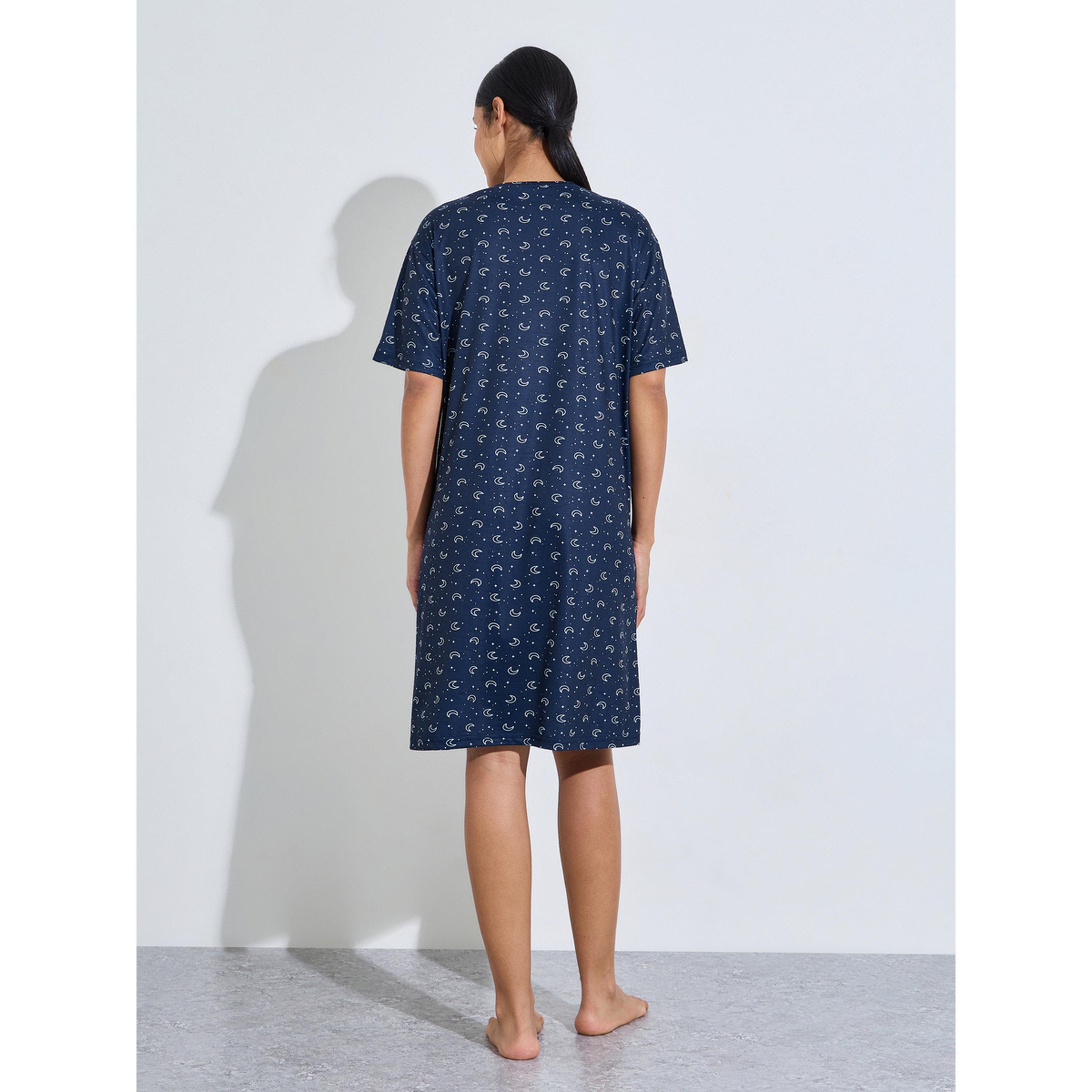 Styli Navy Blue Moon and Stars Print Pocket Detail Sleep T-Shirt Dress-women-clothing-nightwear-nighties-image-3