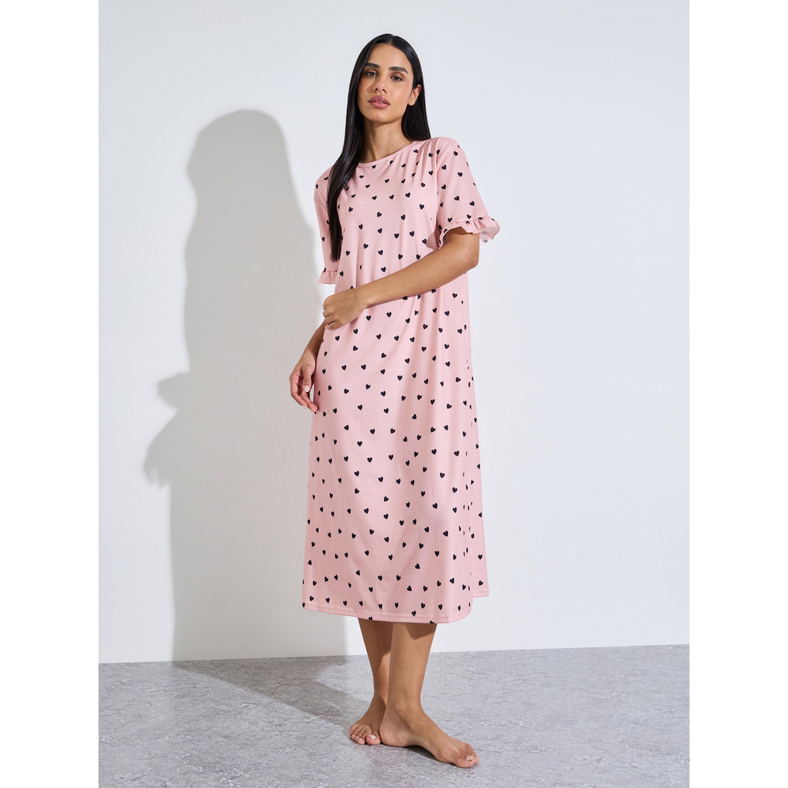 فستان نوم تيشيرت بأكمام قصيرة وكشكشة مع طبعة قلب بالكامل باللون الوردي-women-clothing-nightwear-nighties-image-2