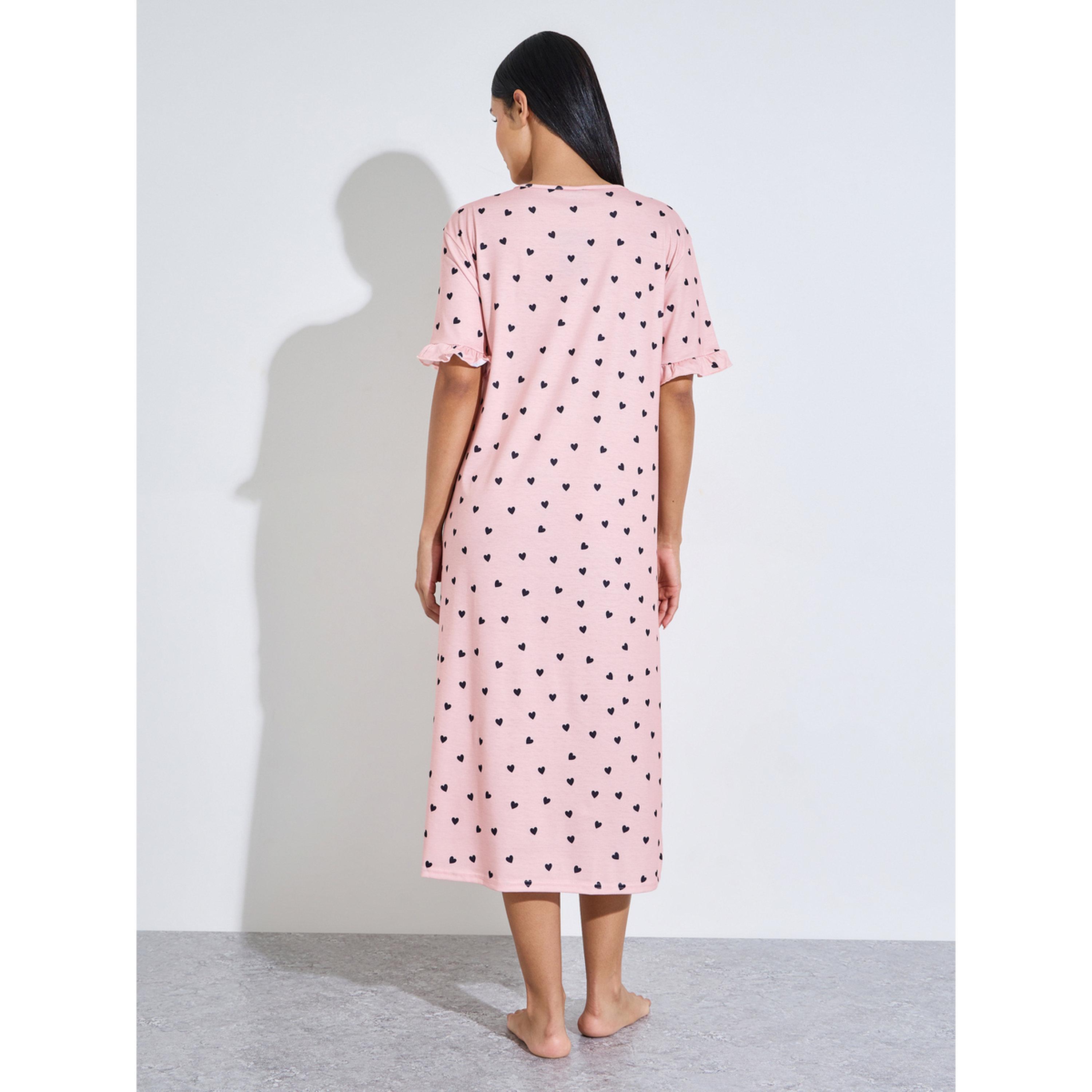 فستان نوم تيشيرت بأكمام قصيرة وكشكشة مع طبعة قلب بالكامل باللون الوردي-women-clothing-nightwear-nighties-image-4