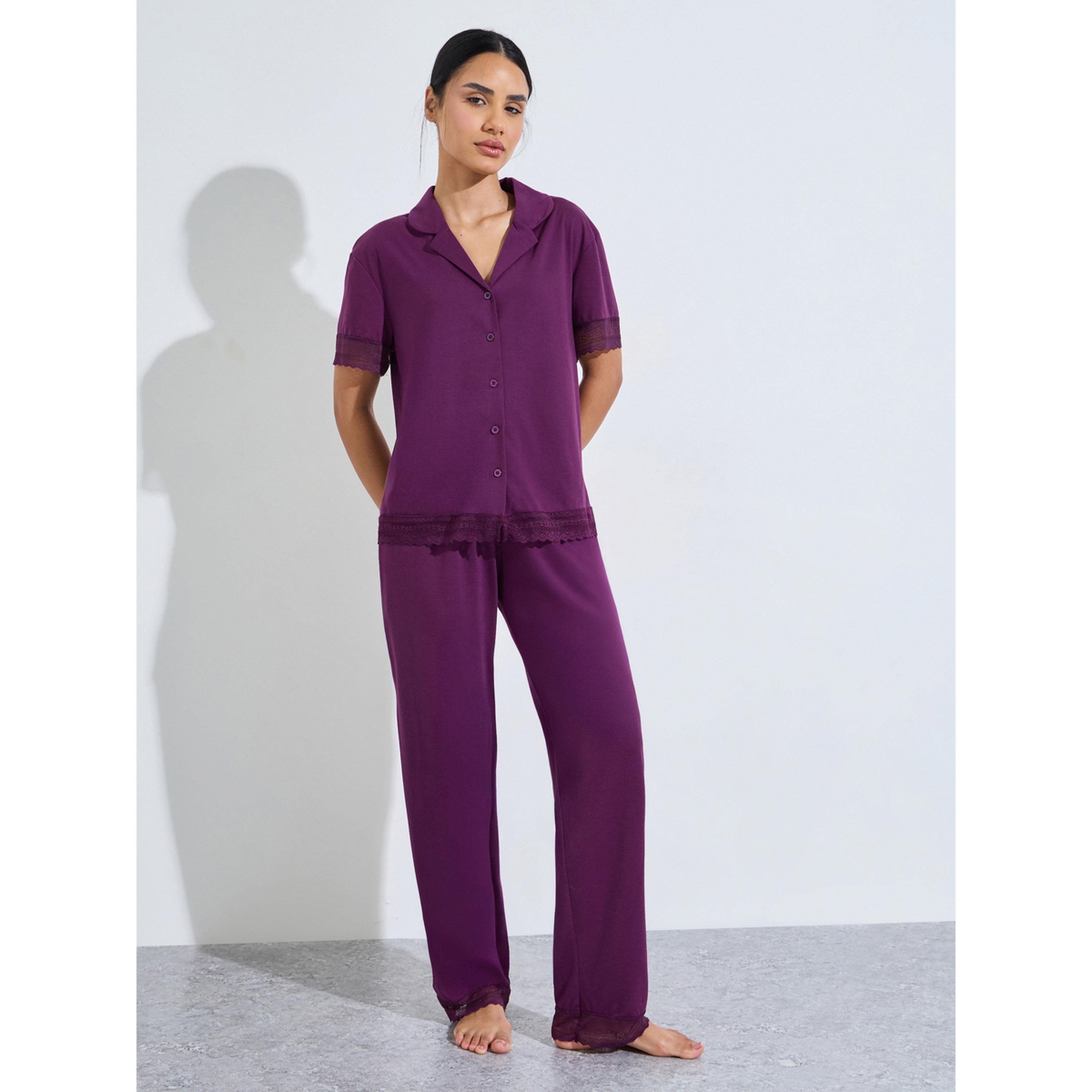 ستايلي - بيجاما قميص وبنطال مستقيم الساقين لون عنابي سادة زينة الدانتيل-women-clothing-nightwear-pyjamas-longsets-image-1